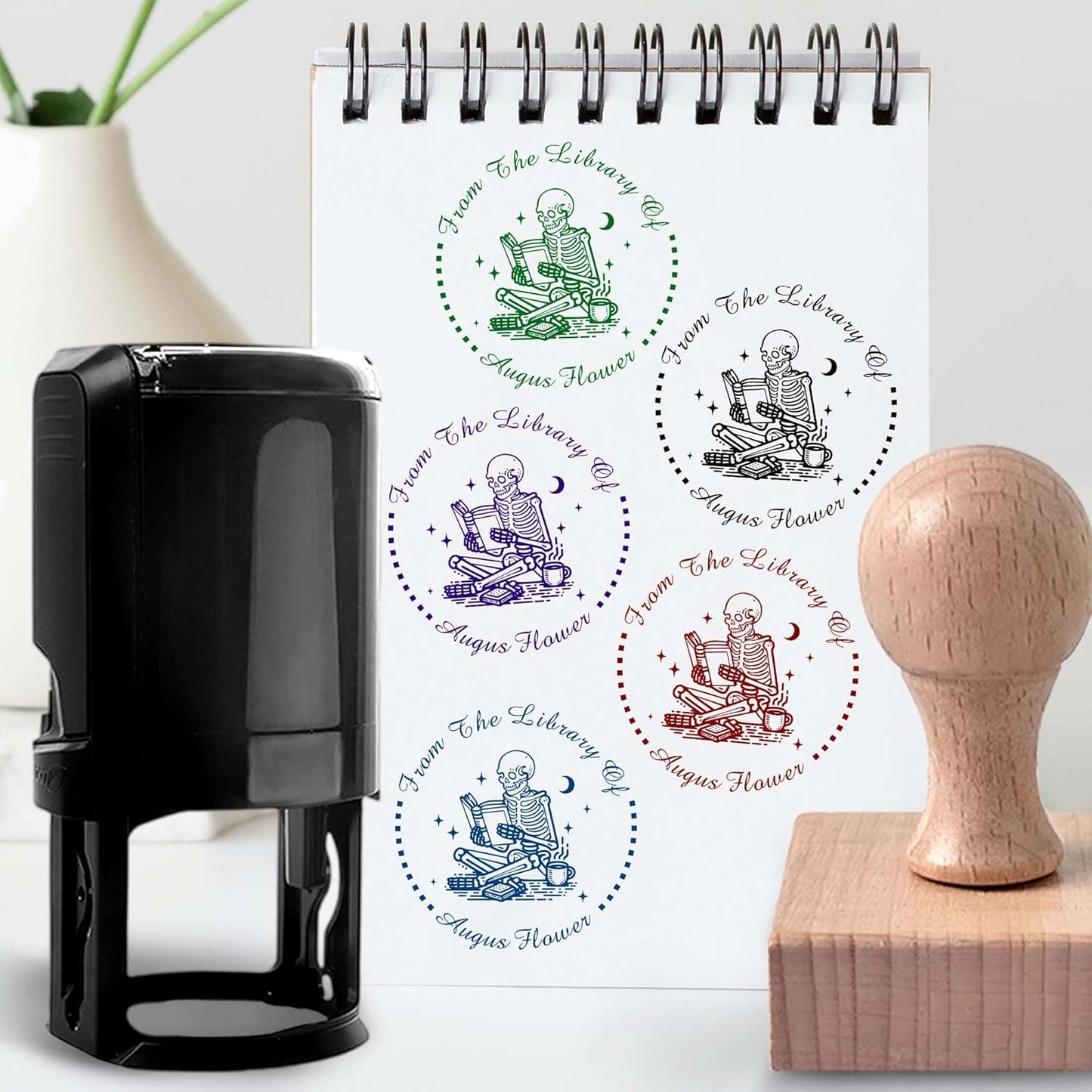 Skull Themed Library Book Embosser，Custom Book Business Card Paper Document Notebook，Self Inking Stamp，Book Lover Gifts，Christmas Gifts (Style01)