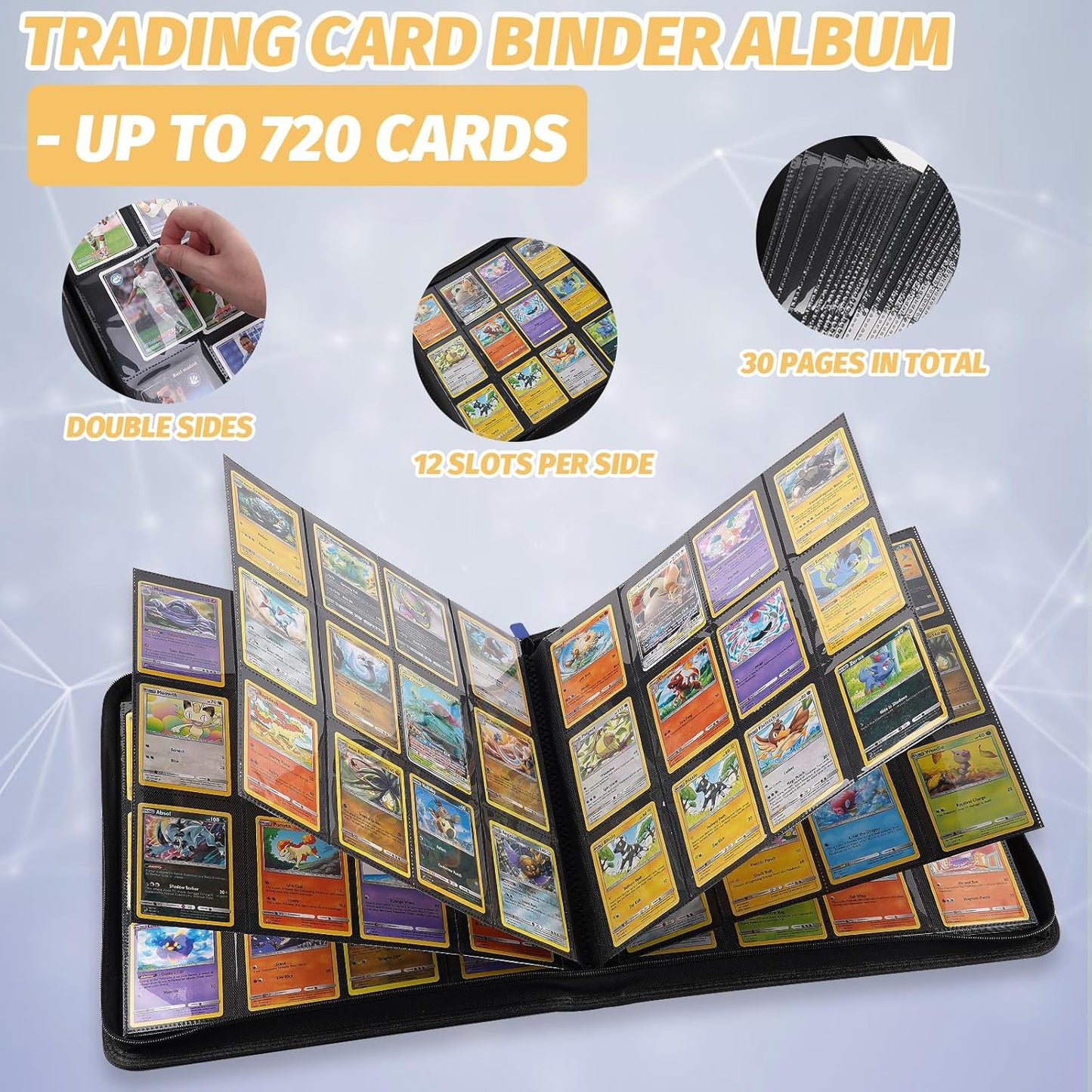 Trading Card Binder 12 Pocket, GERMUN PU Cover Card Binder for 720 Cards, Premium Trading Card Holder Folders, Double Sided Pocket Card Album for MTG, TCG (Blue)