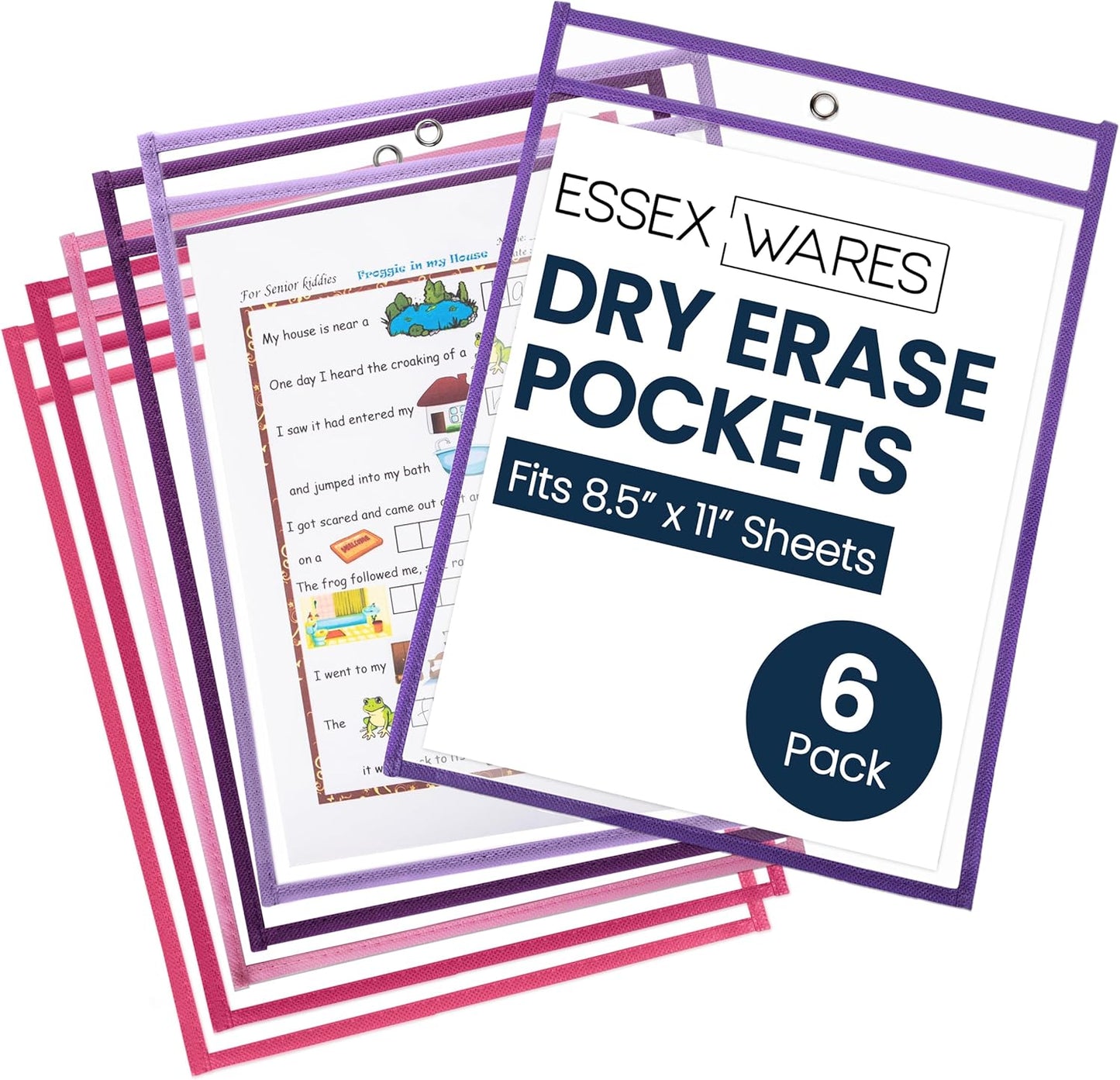 Essex Wares - 6 Pack, Pinks & Purples, Water-Resistant Dry Erase Pocket Document Protectors, 10" Wide x 13.5" Tall - Dry Erase Clear Plastic Sleeves - Reusable & Easy Erase Plastic Invoice Holders