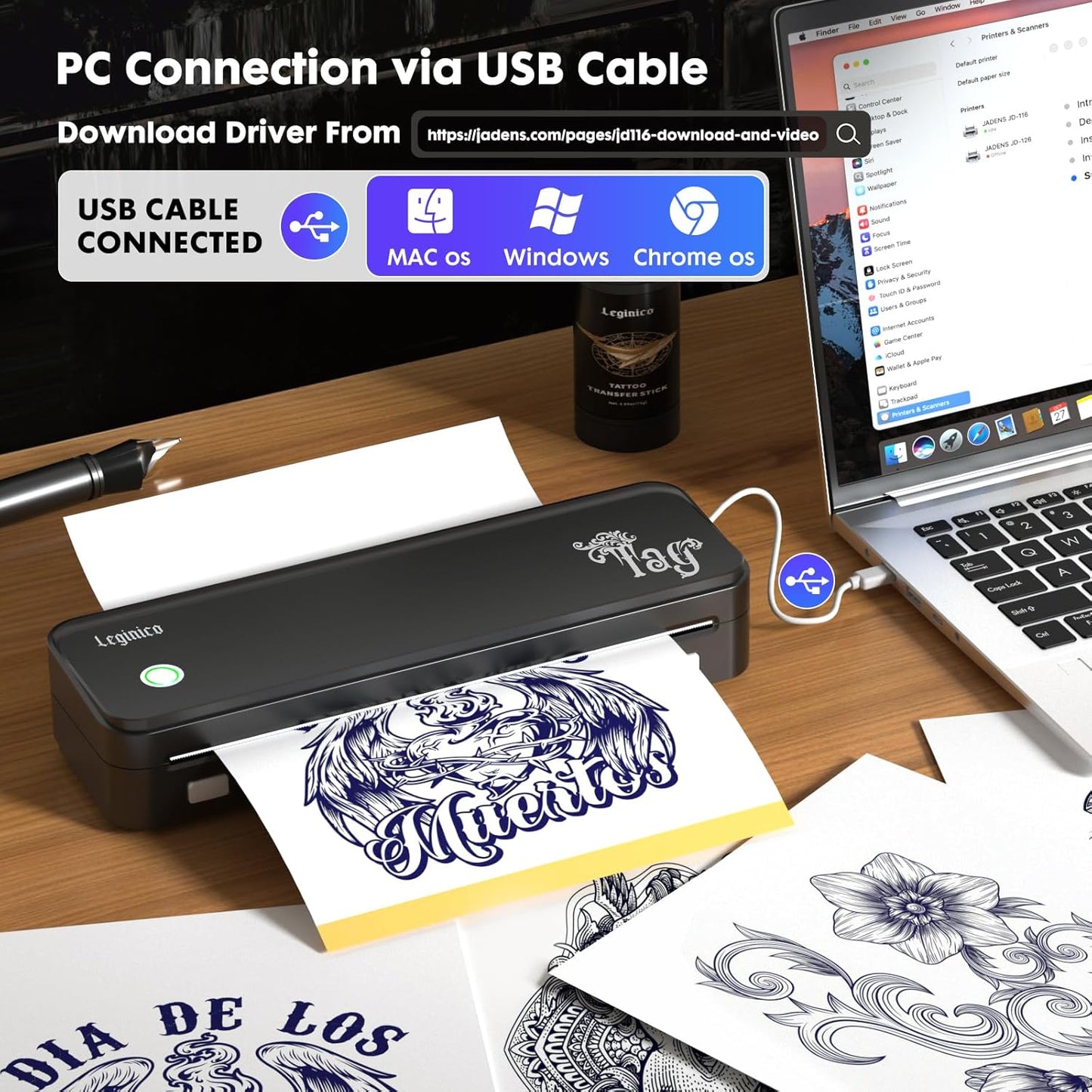 Tattoo Stencil Printer with 40pcs Transfer Paper, Bluetooth Thermal Tattoo Printer Machine for Beginners & Artists, Compatible with Android & iOS, PC