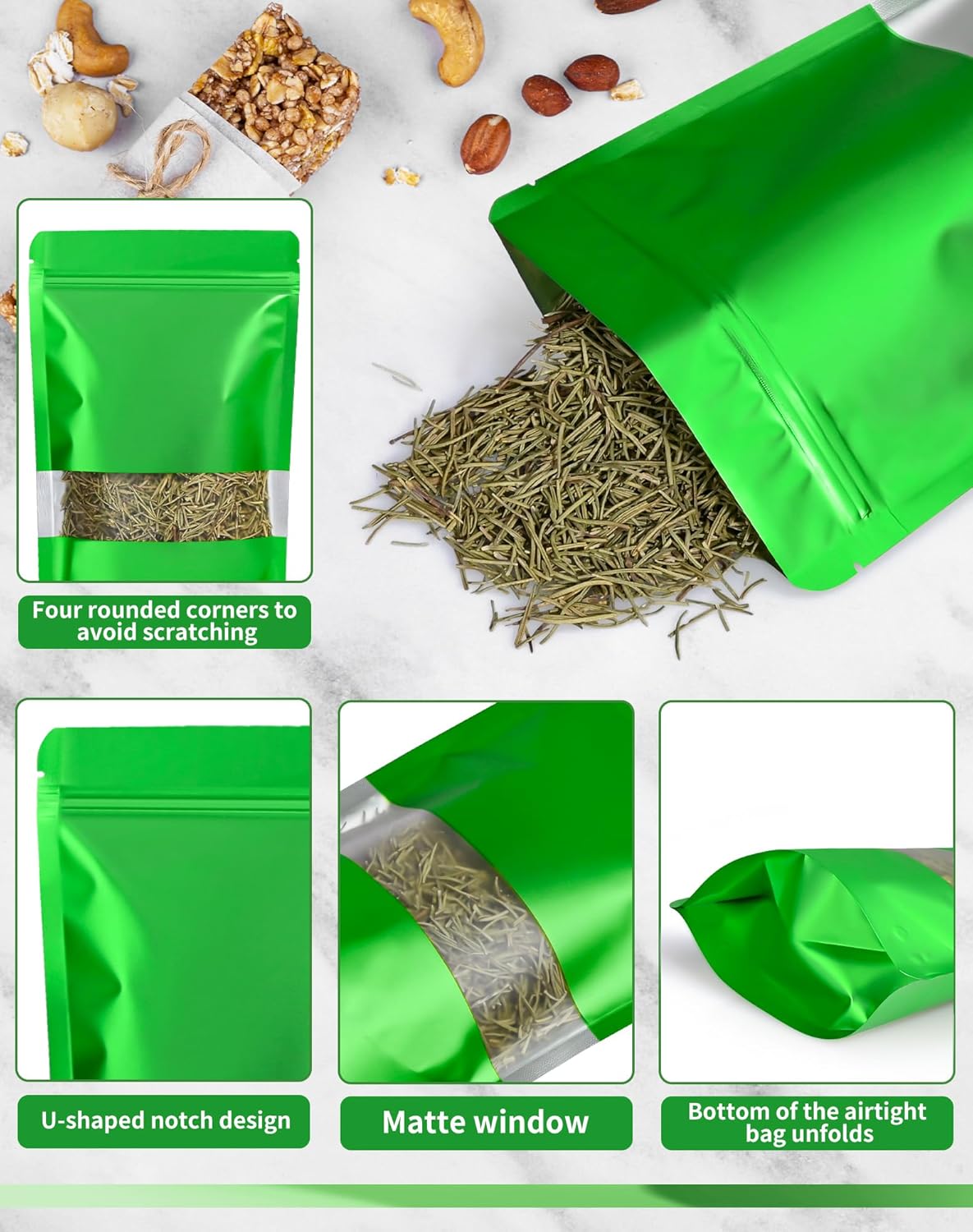 FireKylin 100 Pack Smell Proof Bags 6.3" x 9.4", Resealable Bags with Matte Window, Foil Pouch Stand Up Sealable Bags for Packaging（Green）