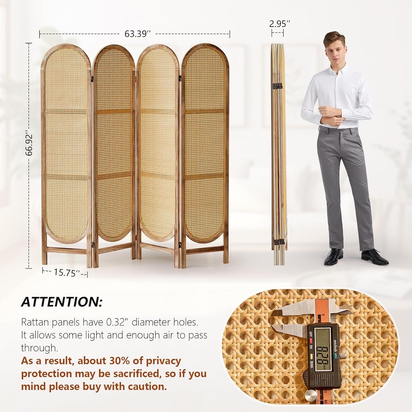 4 Panel Room Divider, 5.6 Ft Foldable Wood Room Divider Screen, Hand-Woven Rattan Folding Privacy Screens with Double Hinges, Wall Divider for Room Separation Bedroom Home Office - Natural