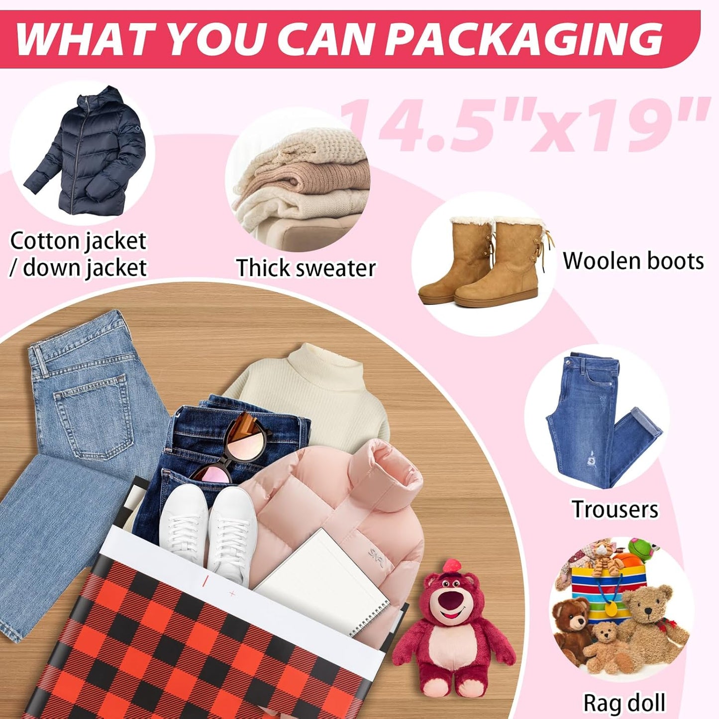 Oududianzi Large Poly Mailers 14.5x19, 50Pack Shipping Bags, Shipping Envelopes, Plastic Packaging Bags, Self-Seal Polymailers, Mailers Poly Bags for Small Business and Clothing - Red plaid
