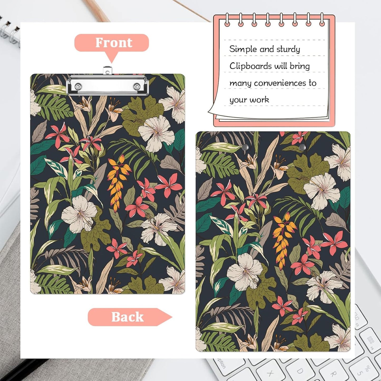 Tropical Flower Leaves Plastic Clipboards,Cute Fashion Clipboard Decorative 8.5" x 12.5"Standard A4 Size Clipboards,Acrylic Clipboard for Teacher,Social Worker,Students,Nurse,Office Supplies