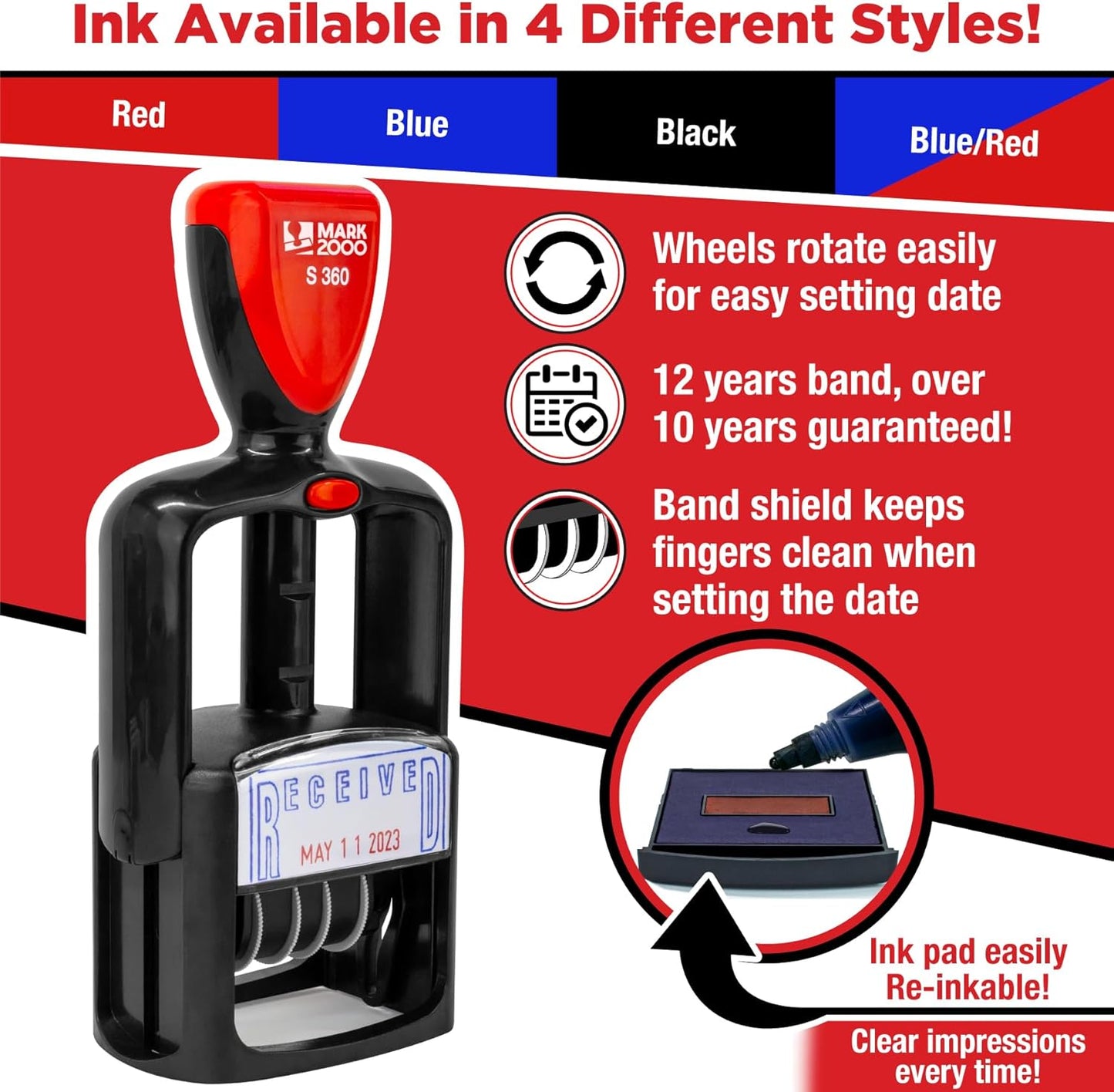 Self-Inking Rubber Date Office Stamp with Entered Phrase - Red Ink - 12-Year Band