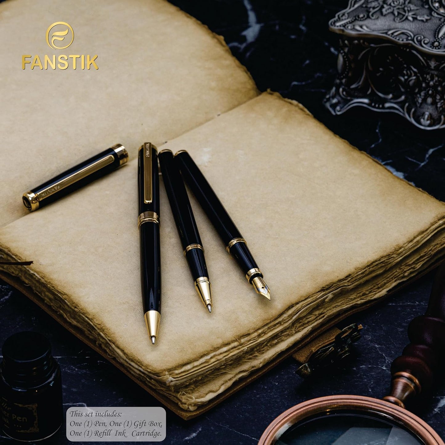 Black & Gold Luxury fountain pen (Made In USA) fancy gift set for women, Real 24K Gold Plating, Professional executive pen gift set for men (Lux fountain Black-Gold)