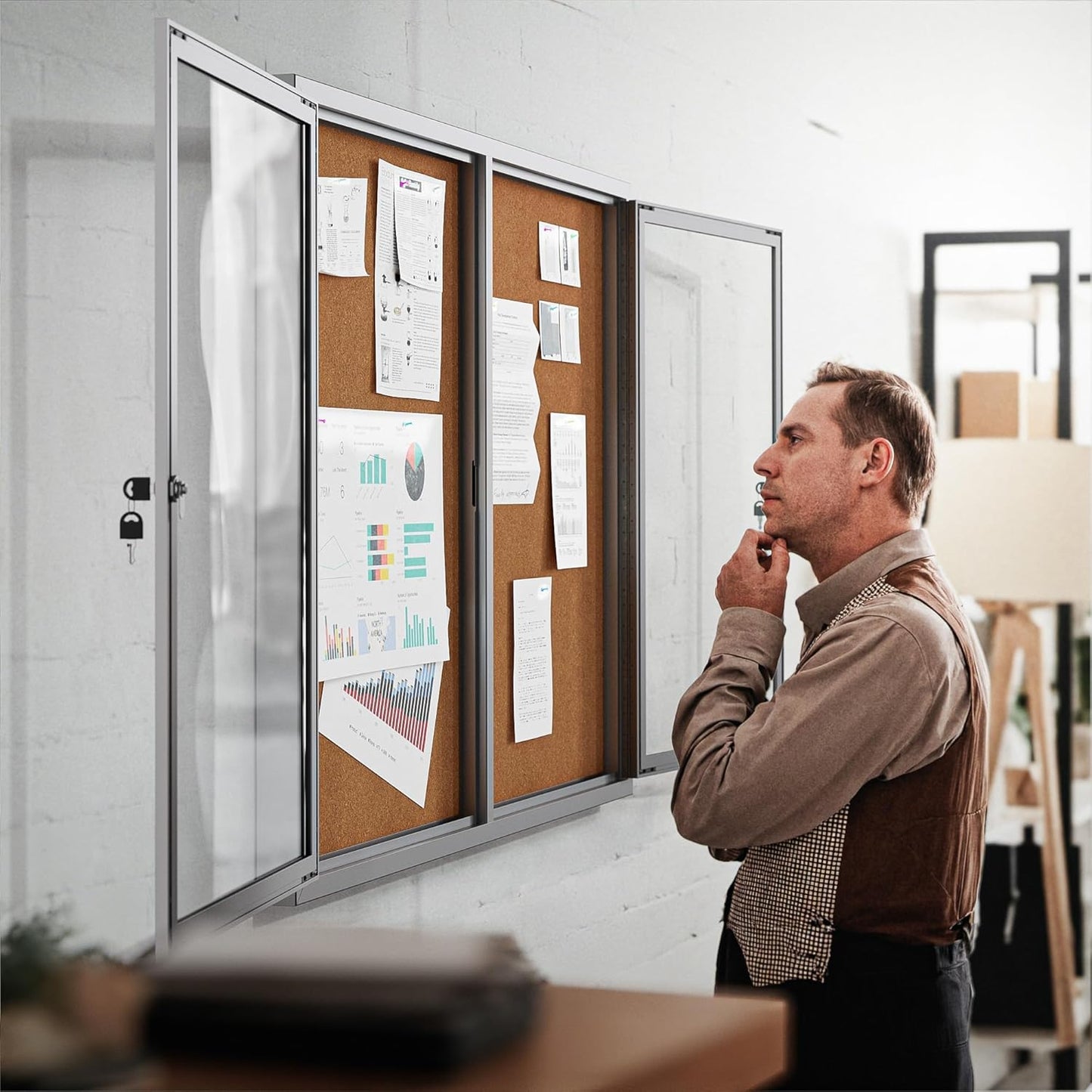 48"x36" Lockable Enclosed Bulletin Board, Outdoor Cork Weather-Resistant Aluminum Frame Notice Board, Wall Mounted Display Case Acrylic Doors for School,Office,Silver Frame w/Cork