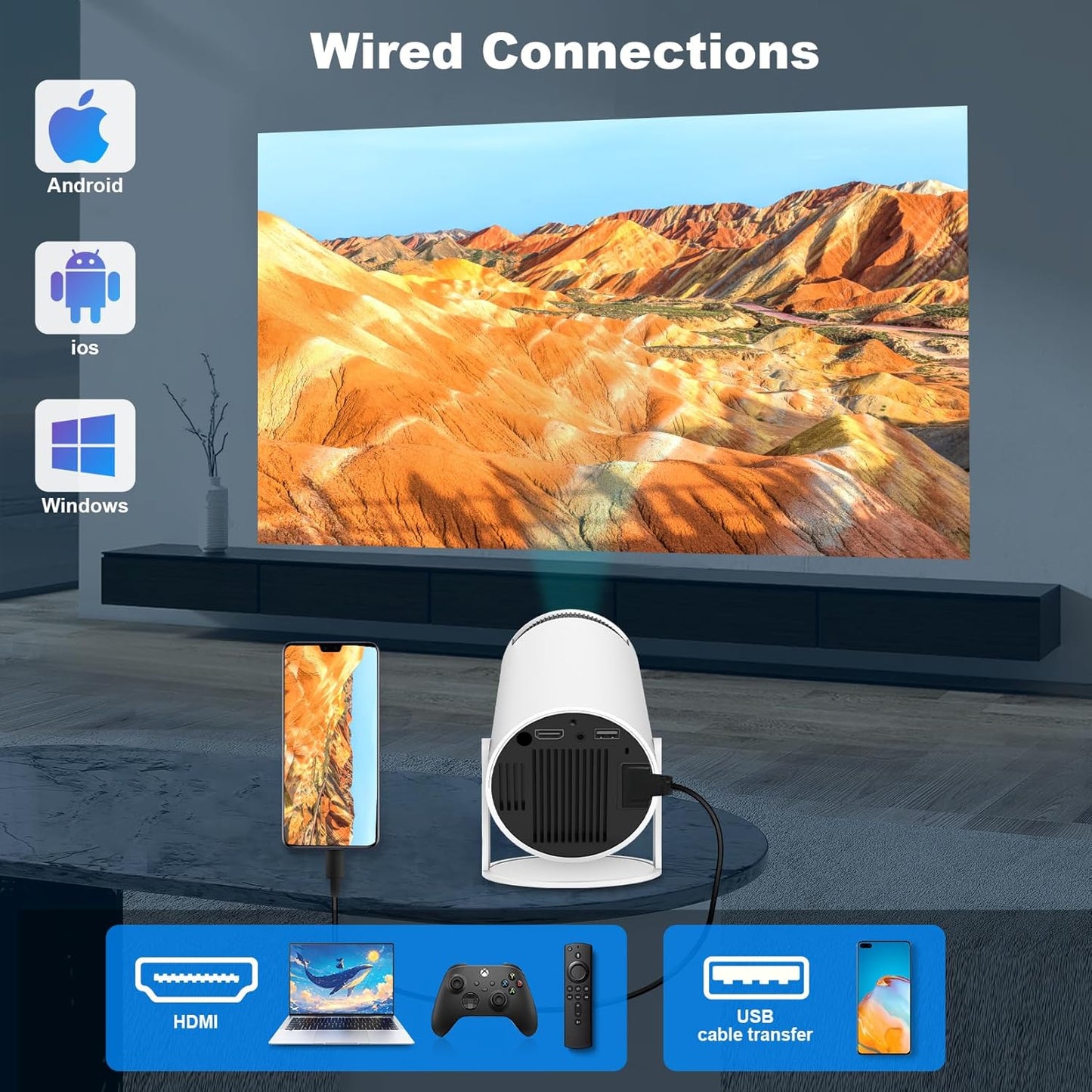 Mini Projector,Equipped with Dual Band WiFi 6 and Bluetooth 5.0,Supports 4K 1080P Resolution Portable Projector,180 ° Rotatable,Compatible with Android 13/30-200 Inches/HDMI/USB