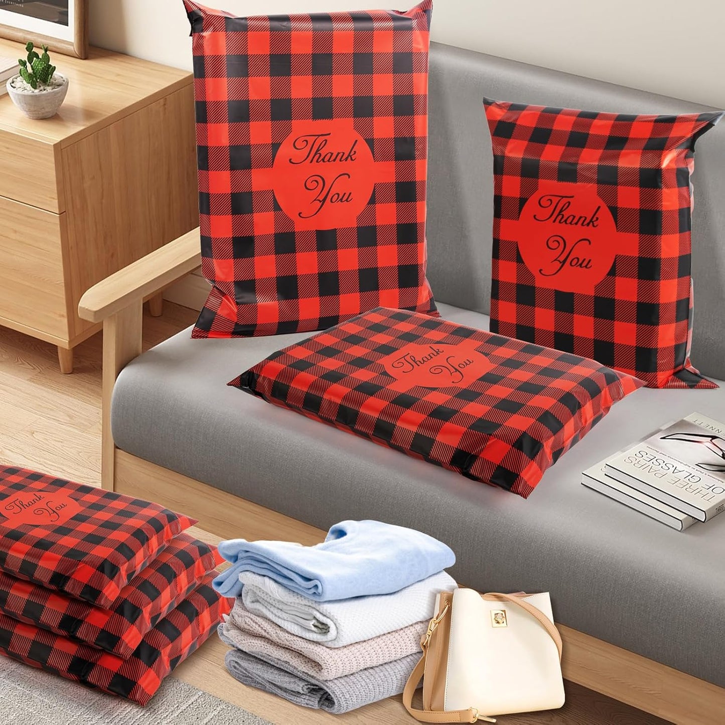 Oududianzi Large Poly Mailers 14.5x19, 50Pack Shipping Bags, Shipping Envelopes, Plastic Packaging Bags, Self-Seal Polymailers, Mailers Poly Bags for Small Business and Clothing - Red plaid