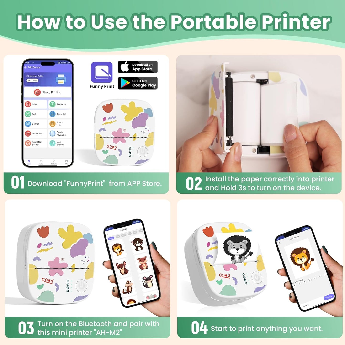 Mini Portable Sticker Printer, Mini Thermal Printer with 3 Rolls Paper, Bluetooth Inkless Printpods, Pocket Label Maker Suitable for Creative Kids DIY, Diaries, Photos, Study Notes -White