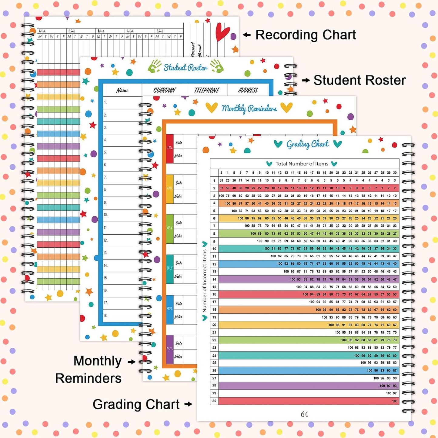 Faccito 8.3'' x 11'' Teacher Record Book 2025 Grade Book Undated Attendance Register Class Student Roster Monthly Reminder Grading Chart Gift for Elementary Classroom School Office(Rainbow Style)