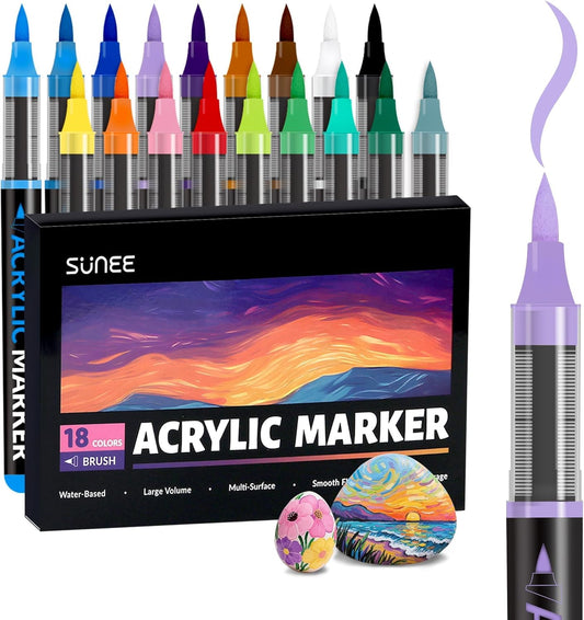 SUNEE Acrylic Paint Markers Brush Tip, 18 Colors Acrylic Markers with Automatic Ink Control System, Waterproof Acrylic Paint Pens for Painting,Wood, Canvas, Glass, Stone, Fabric and Art Supplies