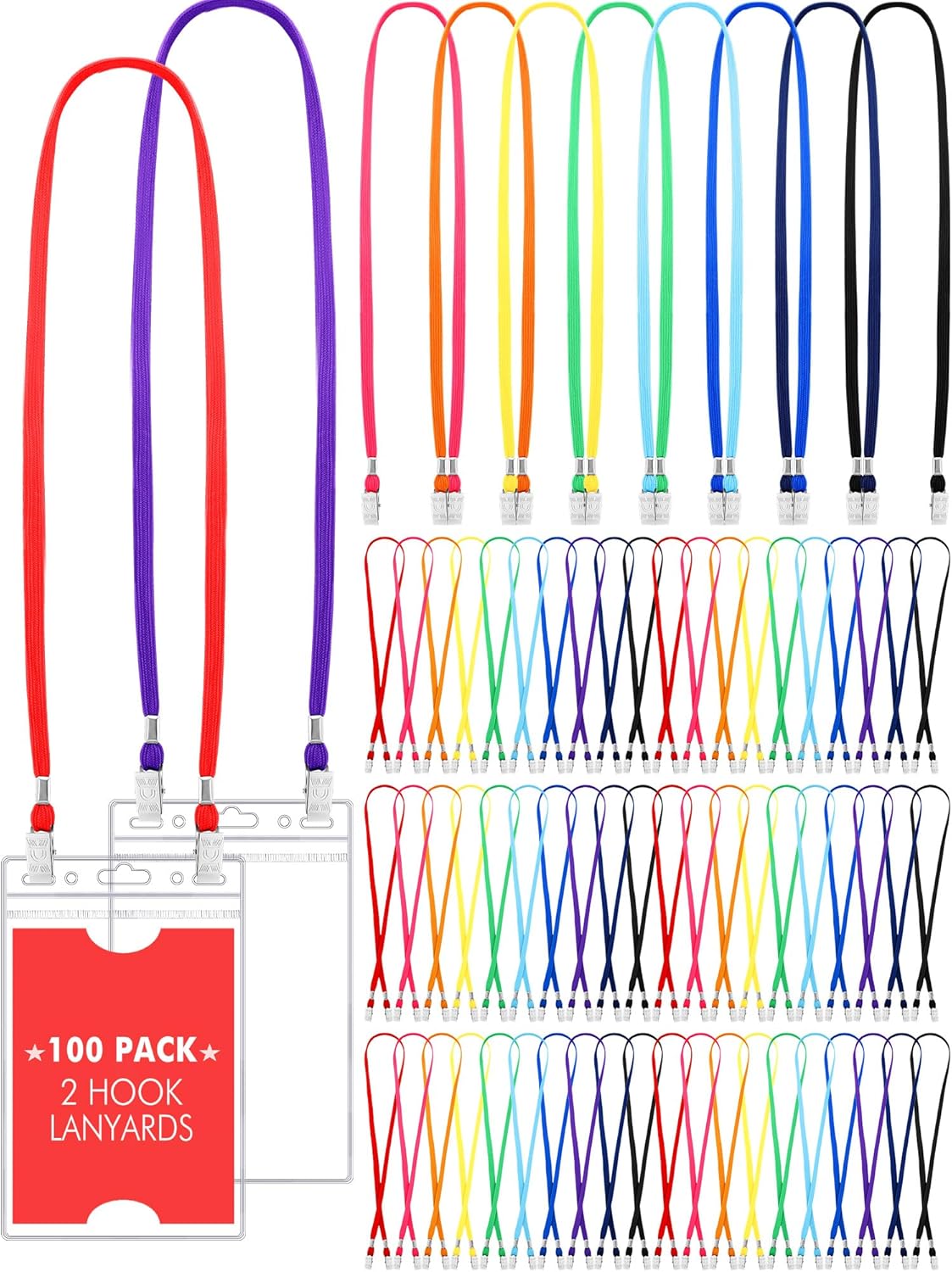 Patelai 100 Pack Double Clip Lanyards Bulk Face Mask Lanyards Twist Free 2 Hook Design Adjustable ID Badges Neck Straps for Conferences Office School Class Card Keychain (Mix Color)