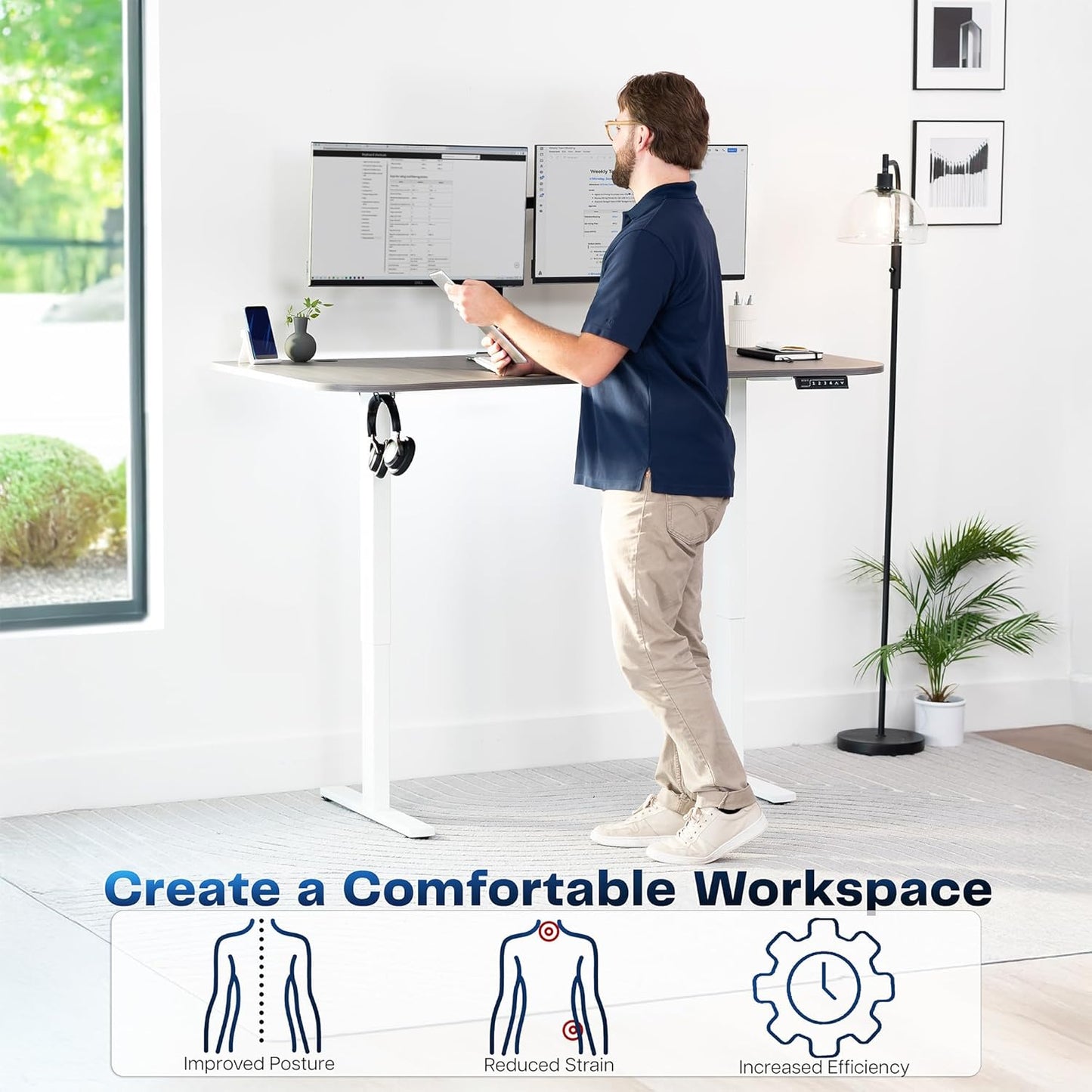 VIVO Electric 63 x 32 in Standing Desk, Memory Height Adjustment, 1B Series, Dark Gray Top White Frame, DESK-KIT-1W1G