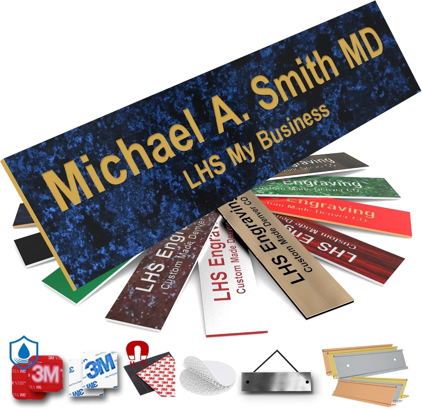 Engraved Custom Door Plate Celestial Blue Plastic Office Door Sign with Gold Letters - Made in USA 2x6 S1