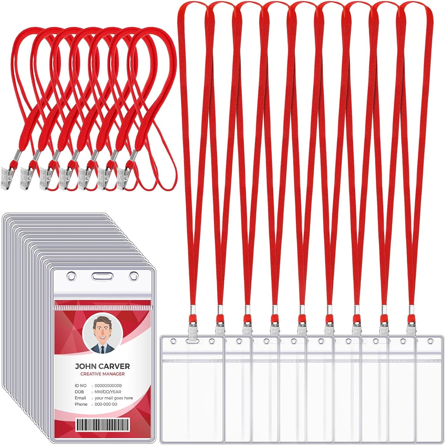 Marspark 100 Pcs Name Tag Lanyards with ID Holder Lanyards for ID Badges Resealable Flat Neck Name Tag with Clip Waterproof Plastic Clear Badges Bulk for School Office Supplies (Red)