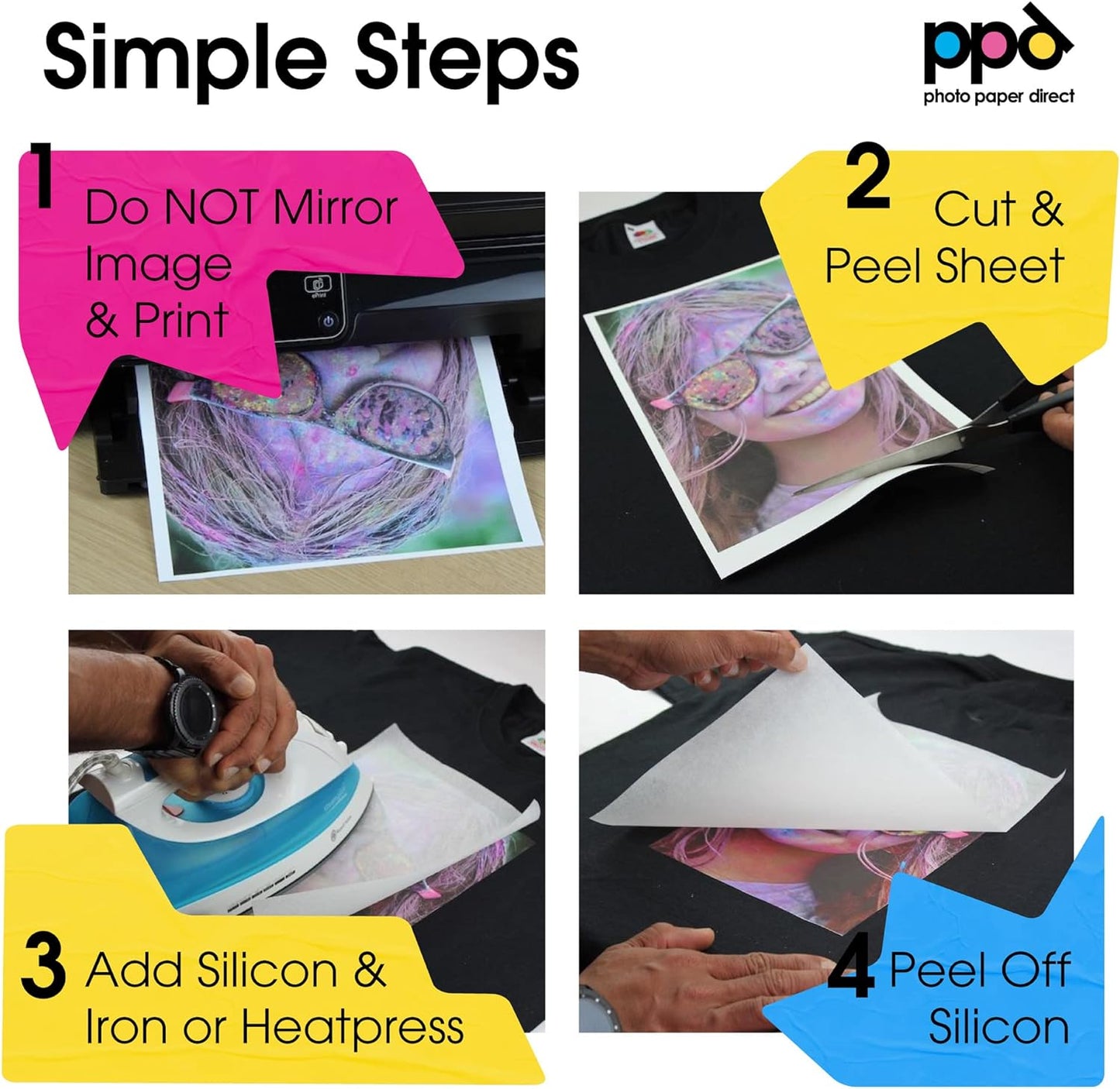PPD 20 Sheets 8.5x11" - Inkjet Iron-on Heat Transfer Paper for Black & Dark Fabric and T-Shirts - Premium - PPD-4-20
