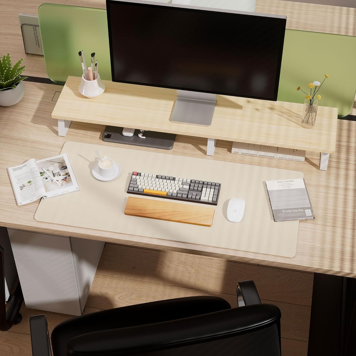 Aothia Dual-Sided Desk Mat - Natural Cork & Leather Desk Protector, Large Mouse Pad, Waterproof Blotter, Writing Pad for Office/Home, Beige (25.6"x13.7")