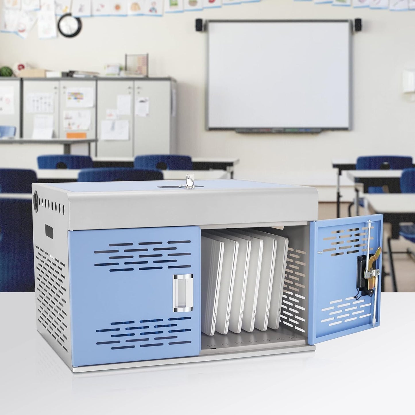 16-Unit Charging Cabinet for Laptops & Tablets - Locking Laptop Storage Box with Cable Management, Charger Storage, and Ground Protection for Classroom, Library, and Office(Blue)