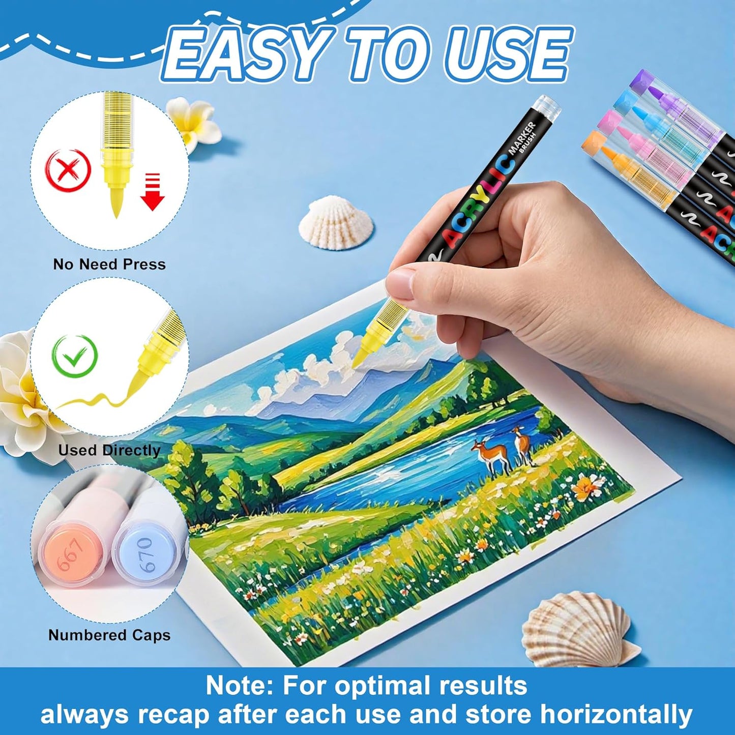 Guangna Acrylic Paint Markers Brush Tip, 24 Vivid Colors with Direct-Liquid Ink Control System, Professional-Grade Paint Pen for Rock Painting, Canvas, Glass, Plastic, Fabric, Eggs