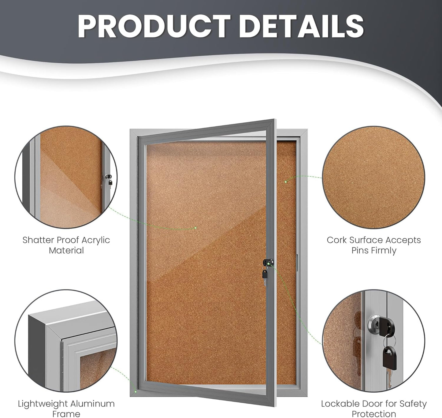 36"x24" Lockable Enclosed Bulletin Board, Outdoor Cork Weather-Resistant Aluminum Frame Notice Board, Wall Mounted Display Case Acrylic Doors for School,Office,Silver Frame w/Cork