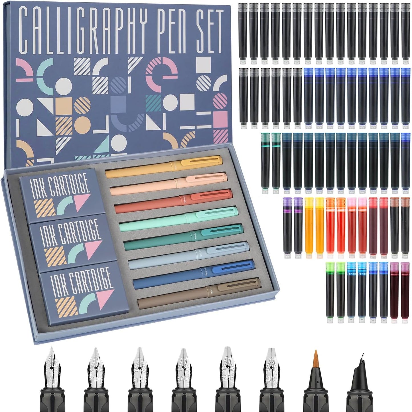 GC QUILL Calligraphy Pen Set 74pcs- 8 Calligraphy Fountain Pens with Varied Nibs, 66 Ink Cartridges(14 Colors)-Writing, Drawing, Calligraphy Practice for Beginner GC-F866