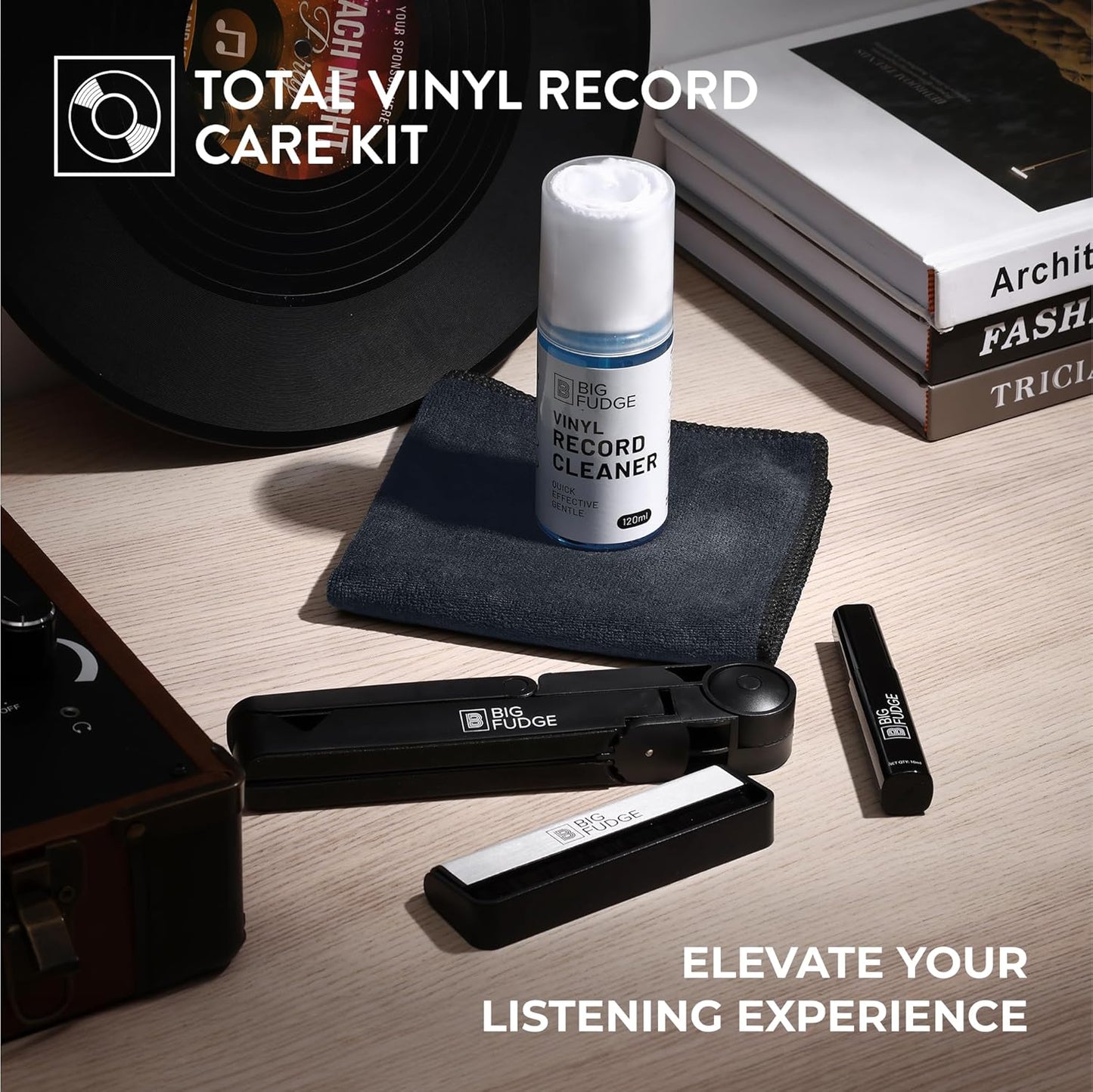 BIG FUDGE Professional Series Vinyl Record Cleaner Kit - Vinyl Record Cleaning Kit Includes Vinyl Record Brush Cleaning Fluid, Stylus Gel, Brush for Velvet, Padded Storage Case