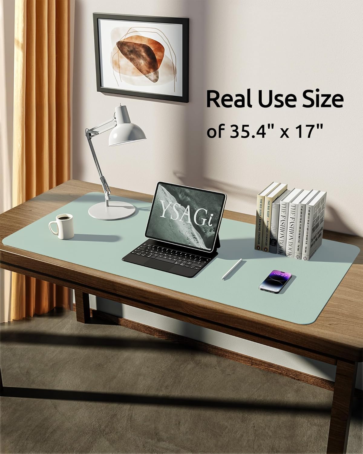YSAGi Leather Desk Protector, Office Mat, Large Mouse Mat, Non-Slip PU Leather Blotter, Laptop Desk Pad, Waterproof Writing Pad for Office and Home (Pale Green, 35.4" x 17")