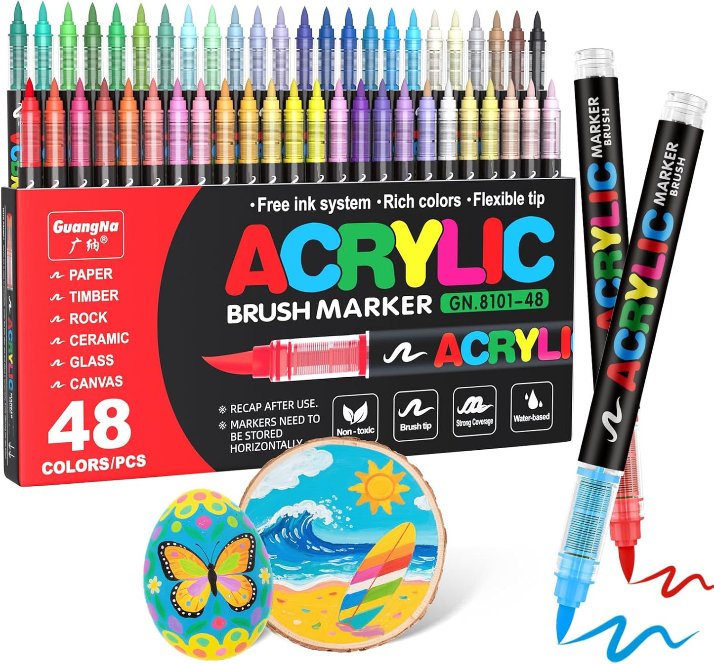 Guangna Acrylic Paint Markers Brush Tip, 48 Vivid Colors with Direct-Liquid Ink System, Professional-Grade Paint Pen for Rock Painting, Canvas, Glass, Plastic, Fabric & Creative Crafts
