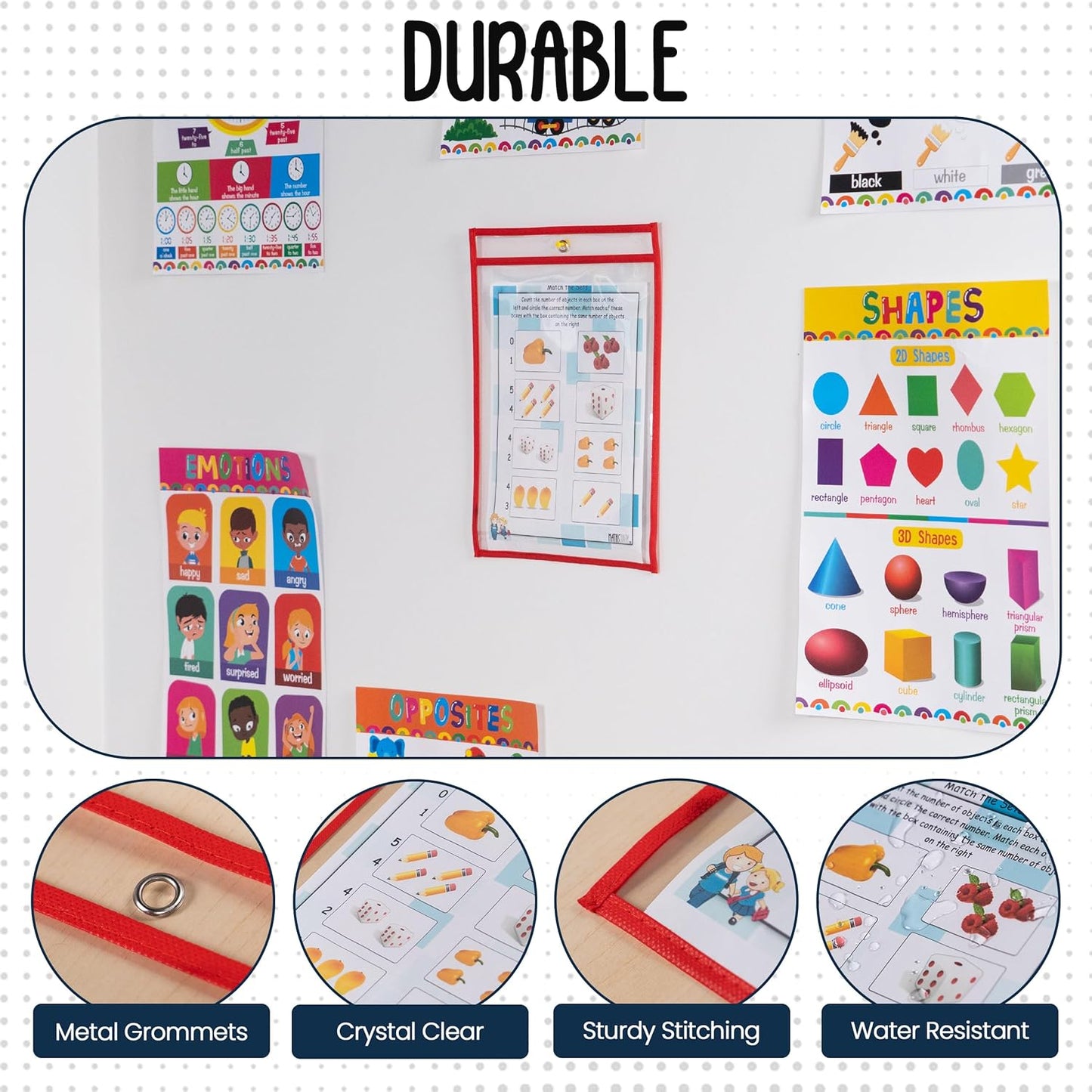 Essex Wares - 6 Pack, Red, Dry Erase Pocket Document Protectors, 10" Wide x 13.5" Tall - Clear Plastic Sleeves - Reusable & Easy Erase Plastic Invoice Holders, Water-Resistant & Durable