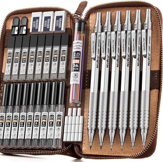 Nicpro 33PCS Metal Mechanical Pencil Set in Leather Case, Art Drafting Pencil by Nicpro