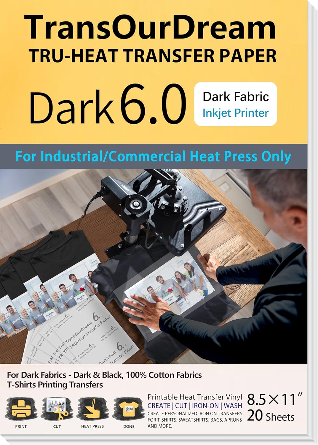 TransOurDream Iron on Heat Transfer Paper for Heat Press (20 Sheets, 8.5x11", Dark 6.0) Printable HTV Heat Transfer Vinyl for Inkjet Printer Iron on Transfers for T Shirts