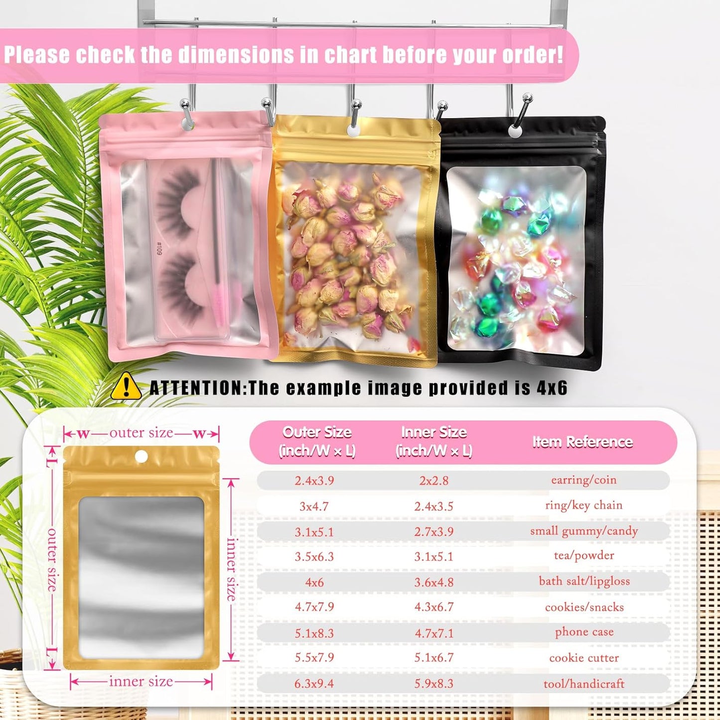 FUNFERY 100 Pack Mylar Resealable Bags Foil Packaging Bags with Clear Window,Zipper Pouch Smell Proof Bag for Food Storage,Cookies,Sample,Small Business(Gold,4.7x7inch)