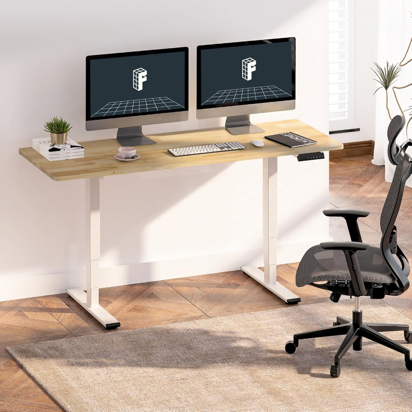 FLEXISPOT E6 Essential Solid Rubber Wood 3 Stages Dual Motor 71x30 Inch Electric Height Adjustable Standing Whole-Piece Board Desk Sit Stand Up Desk (White Frame + Solid Wood Desktop)