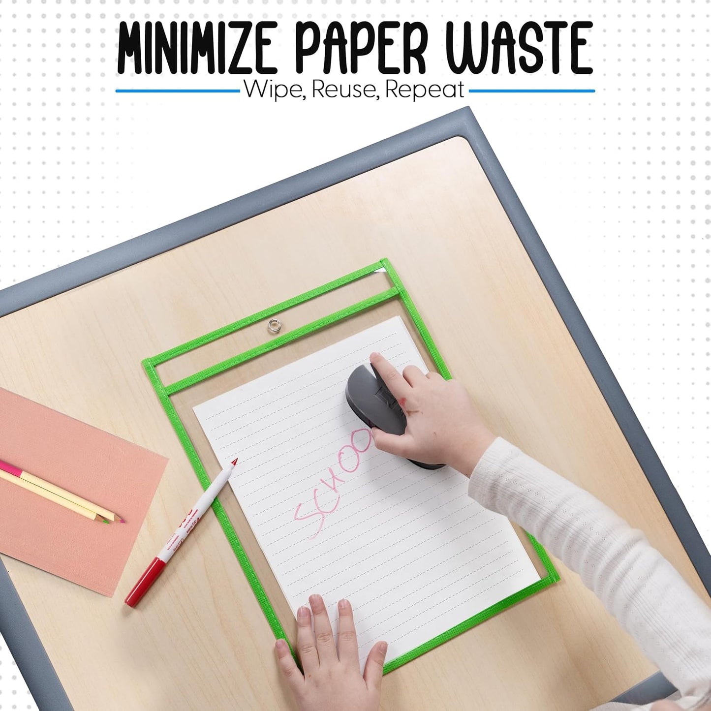 Essex Wares - 6 Pack, Green, Dry Erase Pocket Document Protectors, 10" Wide x 13.5" Tall - Dry Erase Clear Plastic Sleeves - Reusable & Easy Erase Plastic Invoice Holders, Water-Resistant & Durable