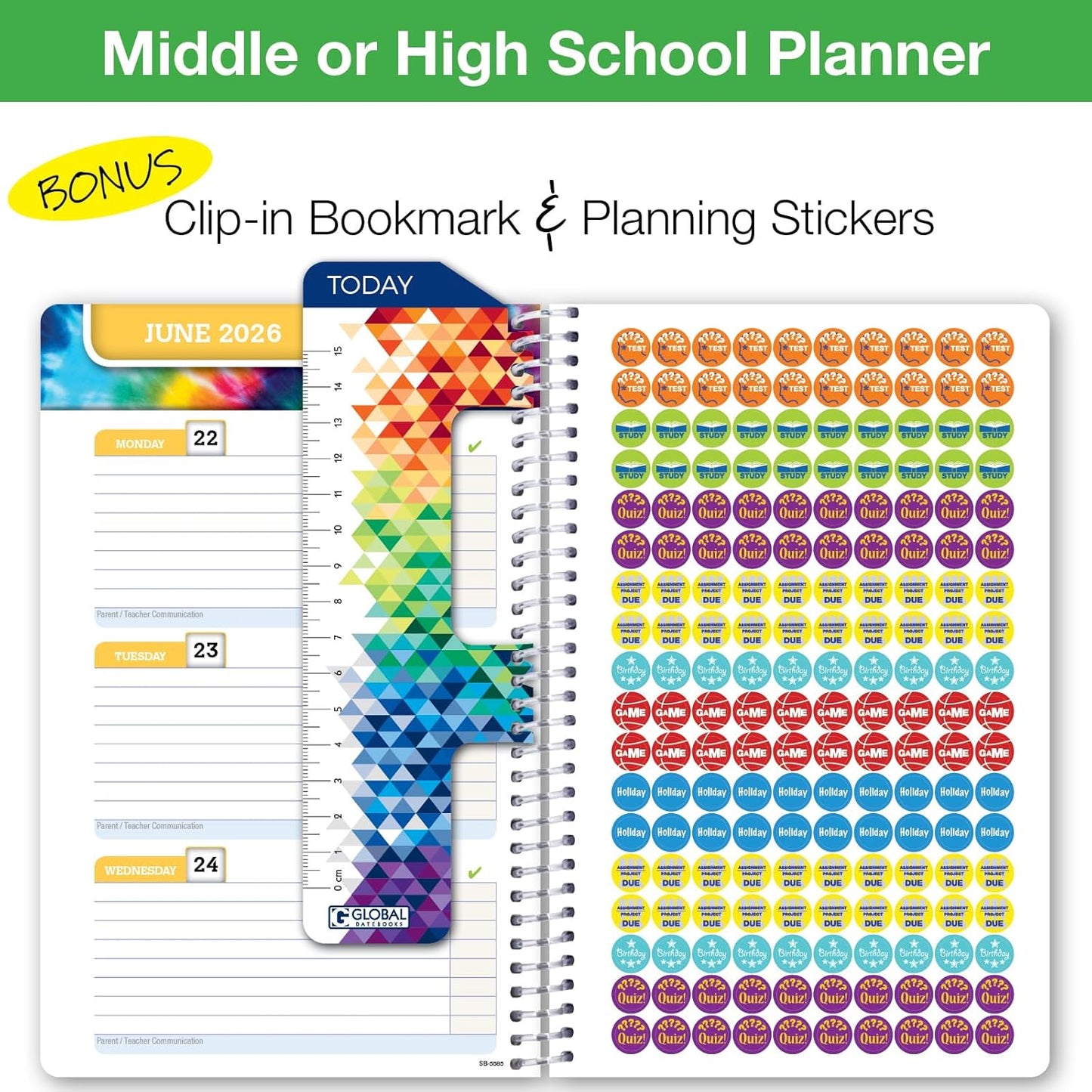 Global Datebooks Dated Middle School or High School Student Planner for Academic Year 2025-2026 Includes Ruler/Bookmark and Planning Stickers (Block Style - 5.5"x8.5" - Blue Colors)