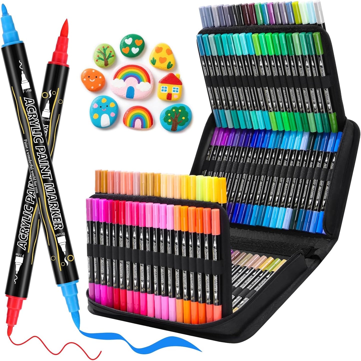 Tongfushop 120 Colors Acrylic Paint Markers, Dual Fine & Brush Tip Paint Pens with 12 Metallics, Fast-Dry, Case for Rock Painting, Canvas, Wood, Ceramic, Glass, Adult & DIY Art Supplies