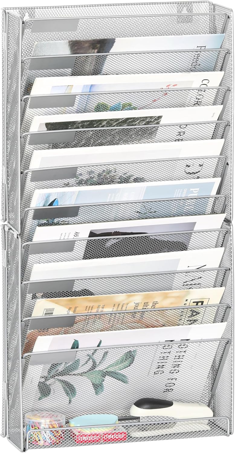 EasyPAG Wall File Holder Organizer 11 Tier Mesh Hanging Wall Mounted Document Paper Folder Filing Magazine Rack with Nametag Label for Office Home School, Silver