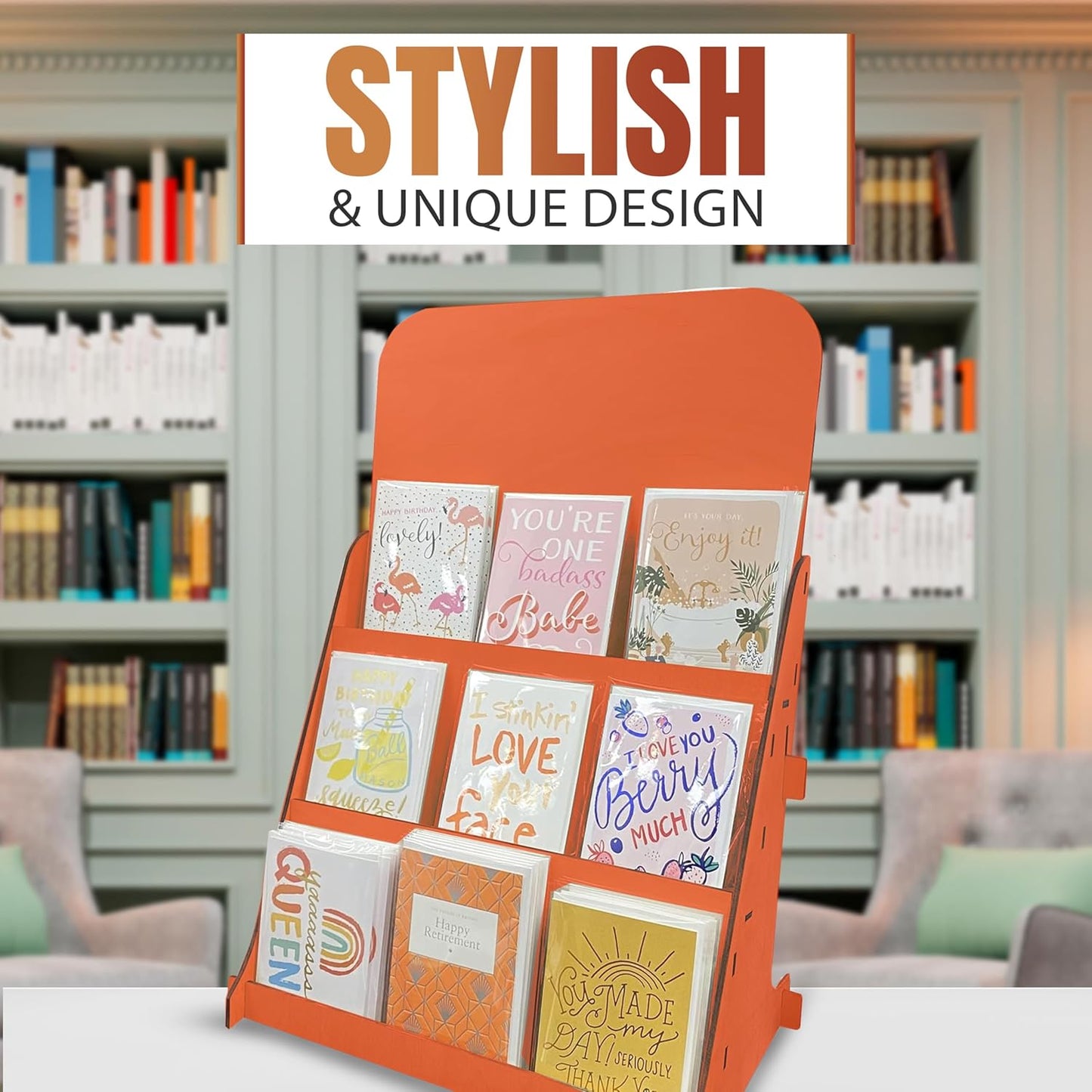 TORCHED DISPLAYS Greeting Card Organizer Display Stand – 3-Tiered Picture Stands for Display – Multipurpose Wooden Stand Ideal for Greeting Cards, Photos, Birthday Cards, Baseball Card Stand - Orange