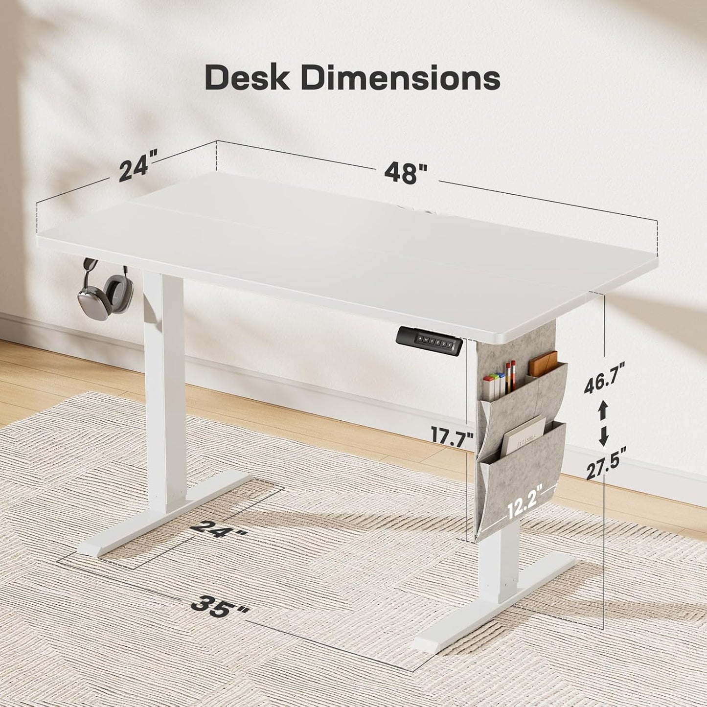 Marsail Standing Desk Adjustable Height Home Office Desk,‎48x24 Electric Standing Desk, Stand up Desk with Storage Bag,Headphone Hook for Computer Workstations Desk Memory Preset