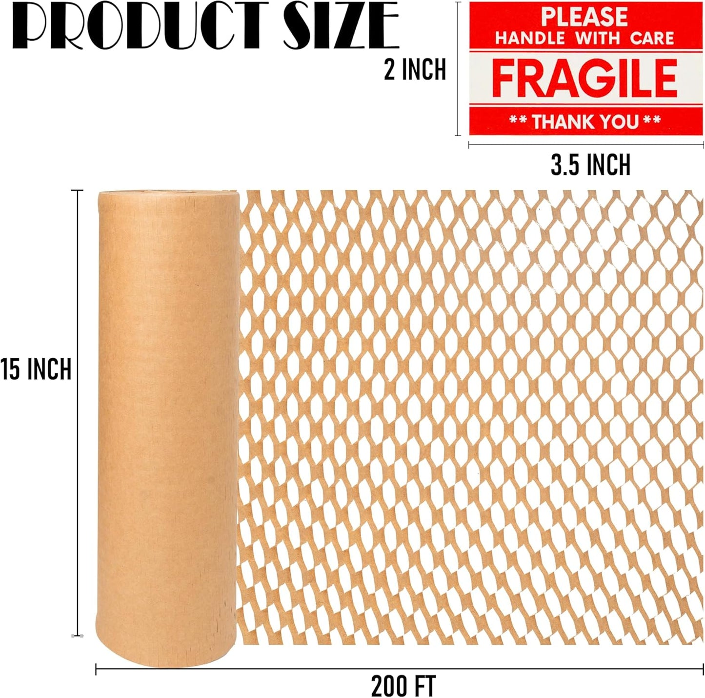Uptotop Honeycomb Packing Paper, 15" x200' Bubble Cushioning Wrap for Moving Shipping Wrapping Paper, Cushioning Wrap Protective Roll with 36 Fragile Sticker Labels (15IN x 200 FT)