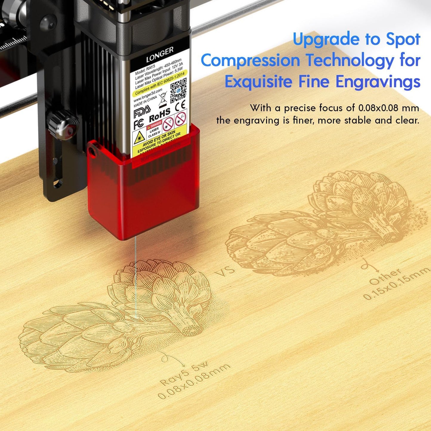 Longer RAY5 5W Laser Engraver with Air Pump and Limit Switch, 3.5” Color Touch Screen, App Offline Control, DIY Engraver Tool for Metal/Glass/Wood Engraving Area 15.75"x15.75"