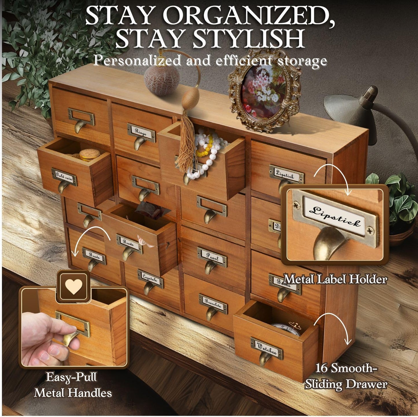 Flexzion Apothecary Cabinet with Drawers - 16 Vintage Apothecary Drawers Desktop Organizer for Home & Office - Wooden Tabletop Library Card Catalog Cabinet Storage for Jewelry, Makeup & Tools, Brown