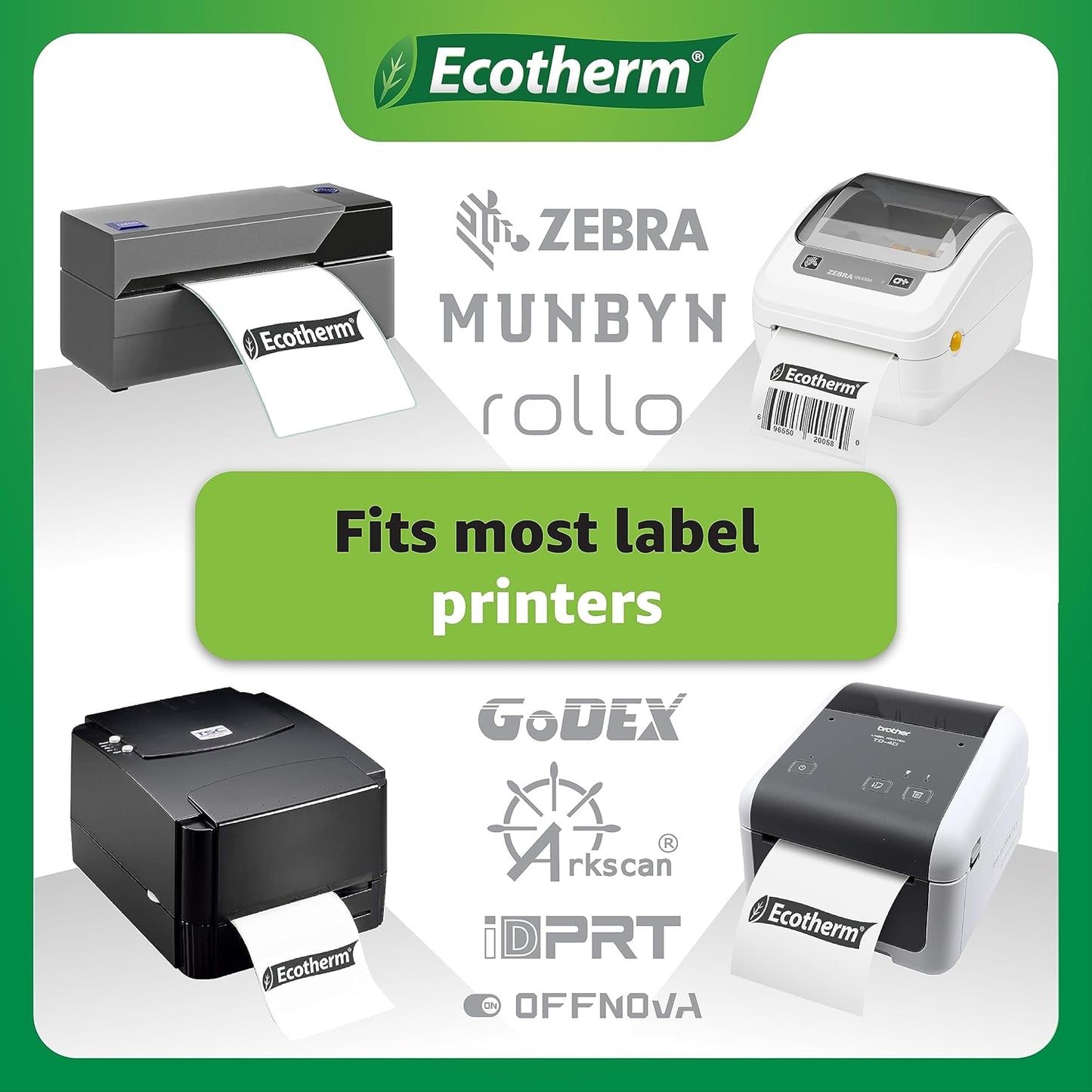 2.25" x .5" Thermal Labels | 6 Rolls | 25200 Labels | fits Zebra, Munbyn, Rollo, Godex, Arkscan, iDPRT, Offnova Thermal Label Printers and More | Blank White Adhesive Stickers by Ecotherm