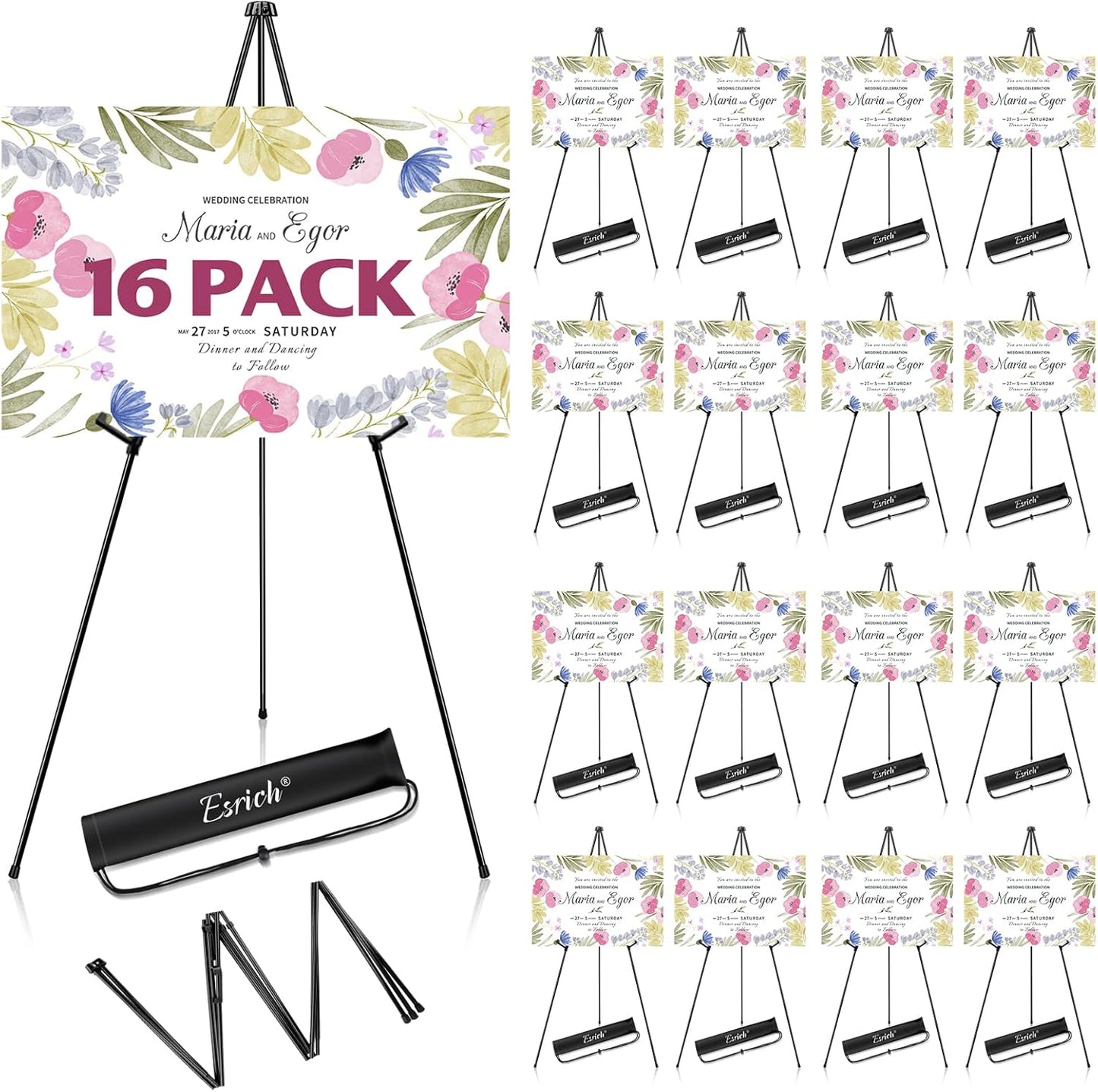 ESRICH 63" Display Easel Stand for Wedding Sign, Portable Foldable Metal Easel, Lightweight Metal Easels for Signs Wedding Logos,Arts, Painting,Adjustable Floor Easels with Storage Bag (16Pack)