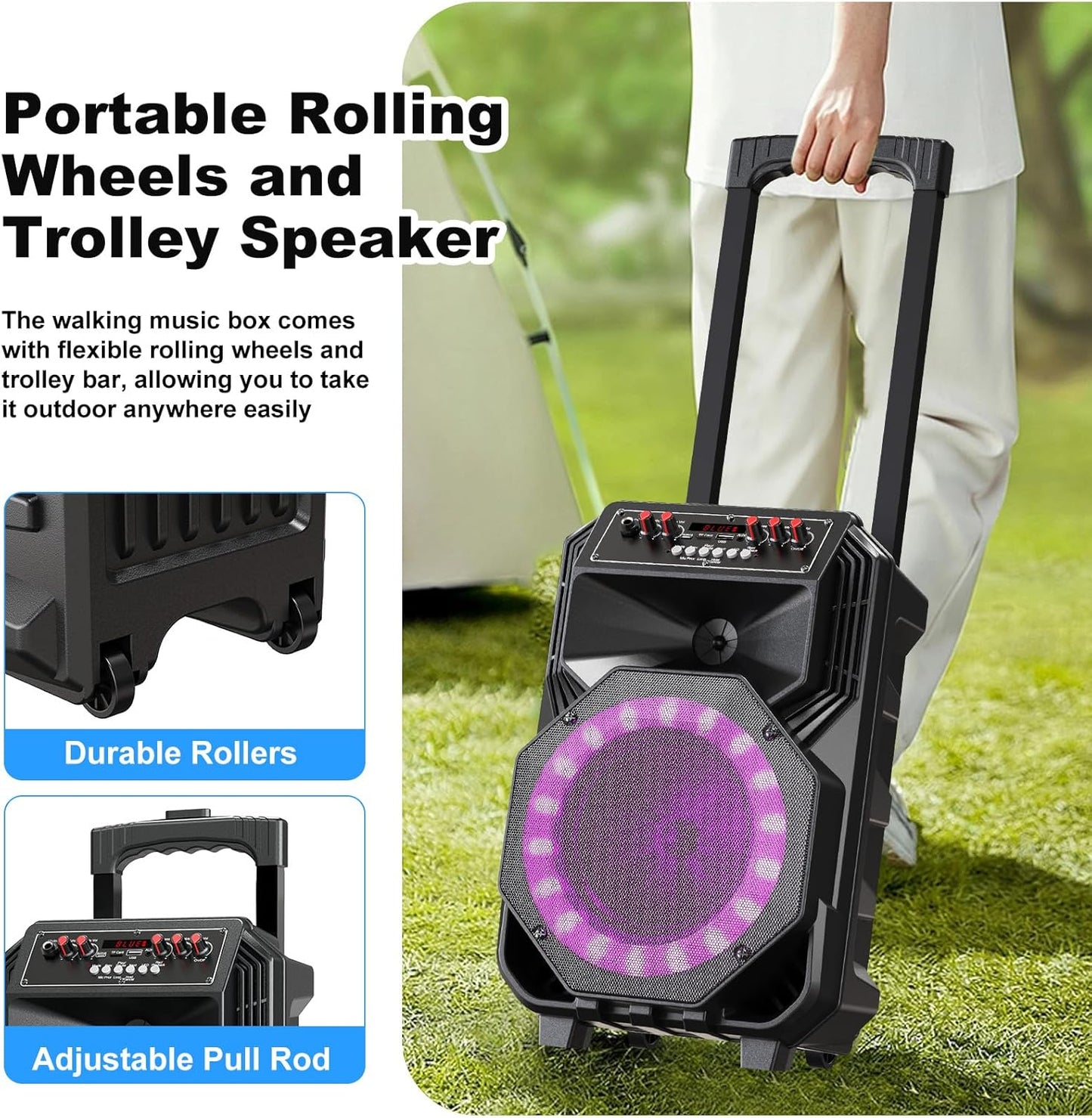 Karaoke Machine with 2 Wireless Microphones, Rolling Wheels, and Trolley – 8800mAh Portable Bluetooth Speaker, PA System with Lights, Adjustable Bass/Treble/Echo for Parties, Indoor and Outdoor Use