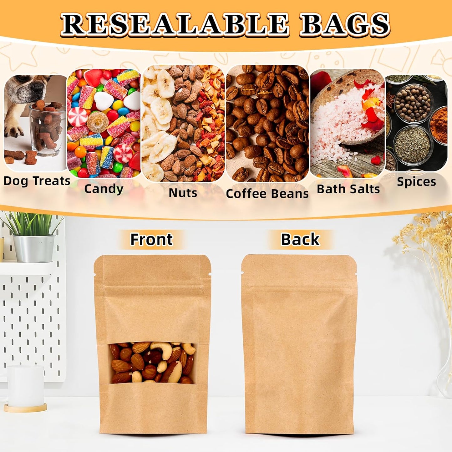 Smell Proof Bag, 100 Pack Mylar Bags for Small Business, Food Storage Bags with Window, Dog Treat Bag, Bakery Bags, Candy Packaging, Resealable Paper Stand Up Pouch (5.5"x7.9")