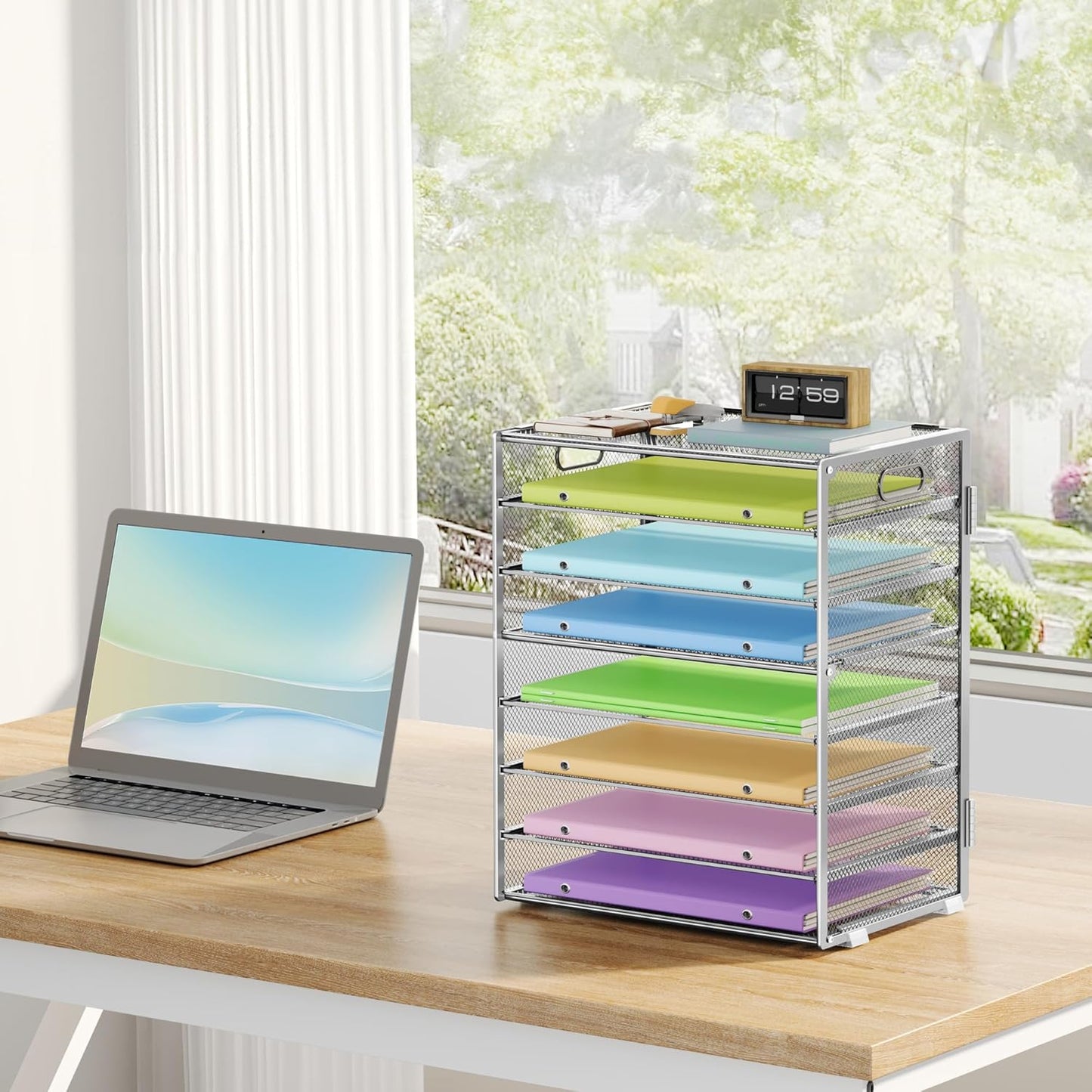 8 Tier Paper Organizer with Handle, Metal Mesh Desk File Organizer, Large Capacity Desk Organizers Paper Letter Tray Desktop Document Sorter for Office, Home or School - Silver