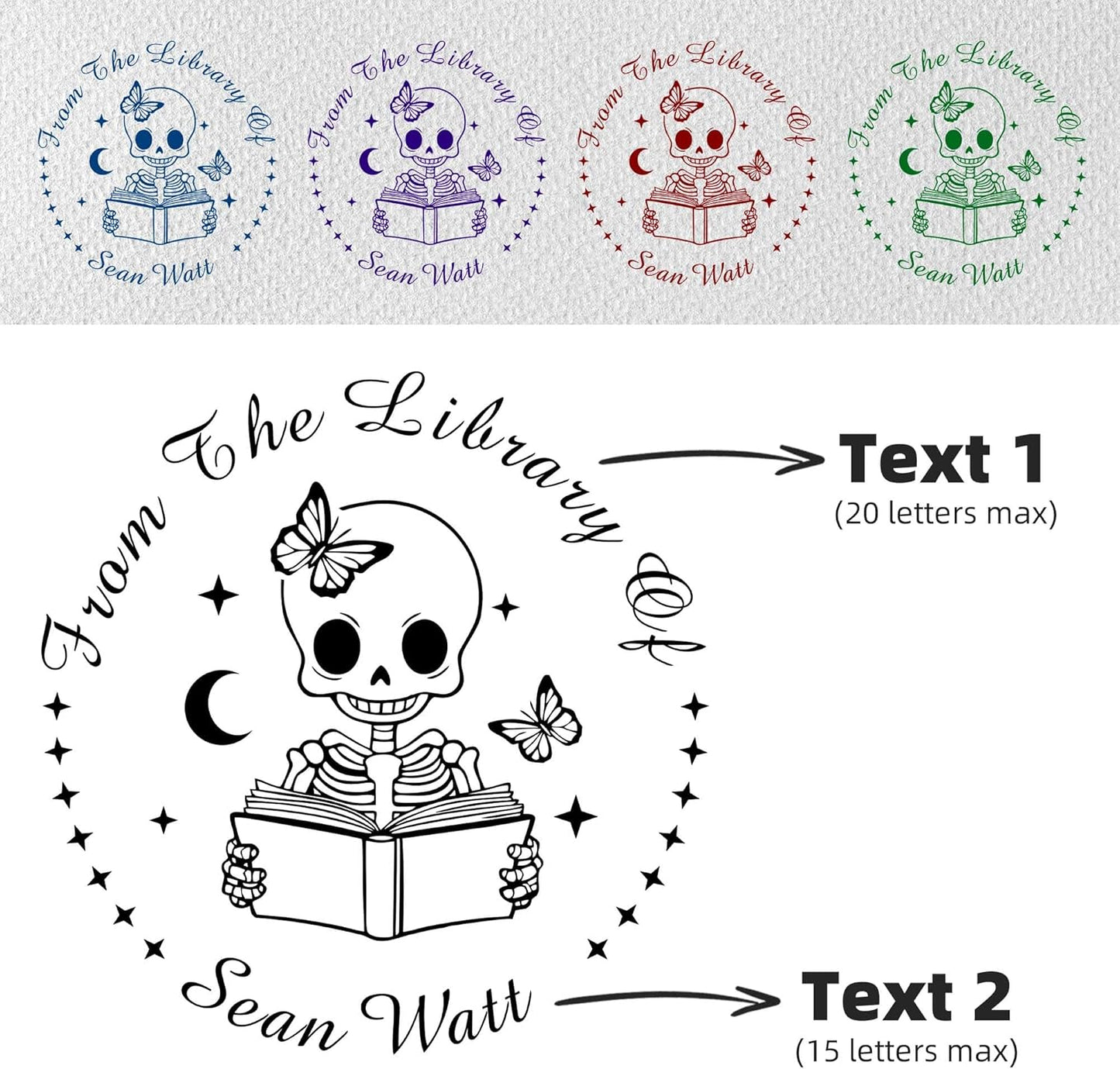 Skull Themed Library Book Embosser， Custom Book Business Card Paper Document Notebook, Self Inking Stamp，Book Lover Gifts，Christmas Gifts (Style14)