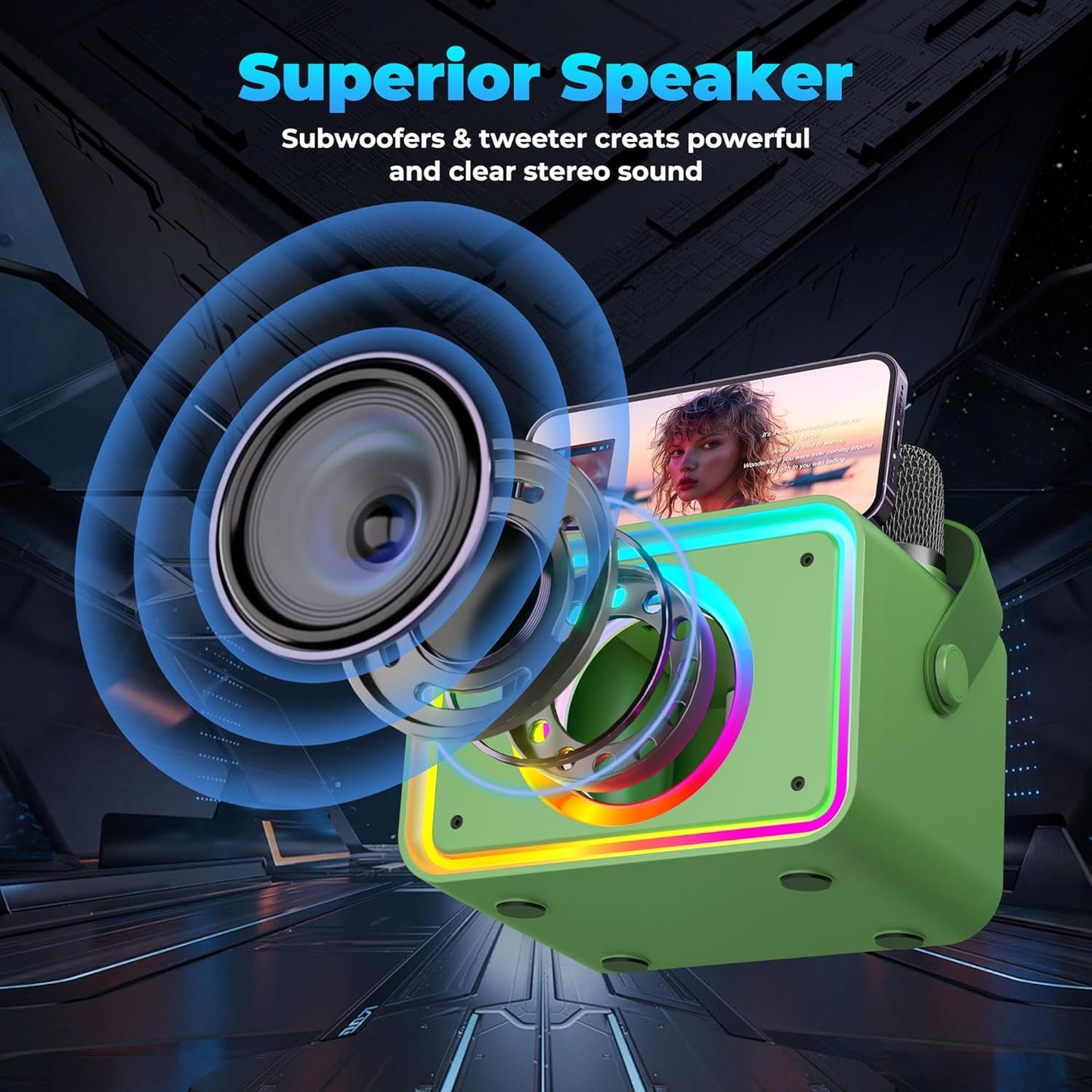Karaoke Machine,Portable Bluetooth Speaker with 2 Wireless Microphone for Adults & Kids with LED Lights, Karaoke Microphone with PA System Supports USB/TF/AUX,Gift for Party (Green)